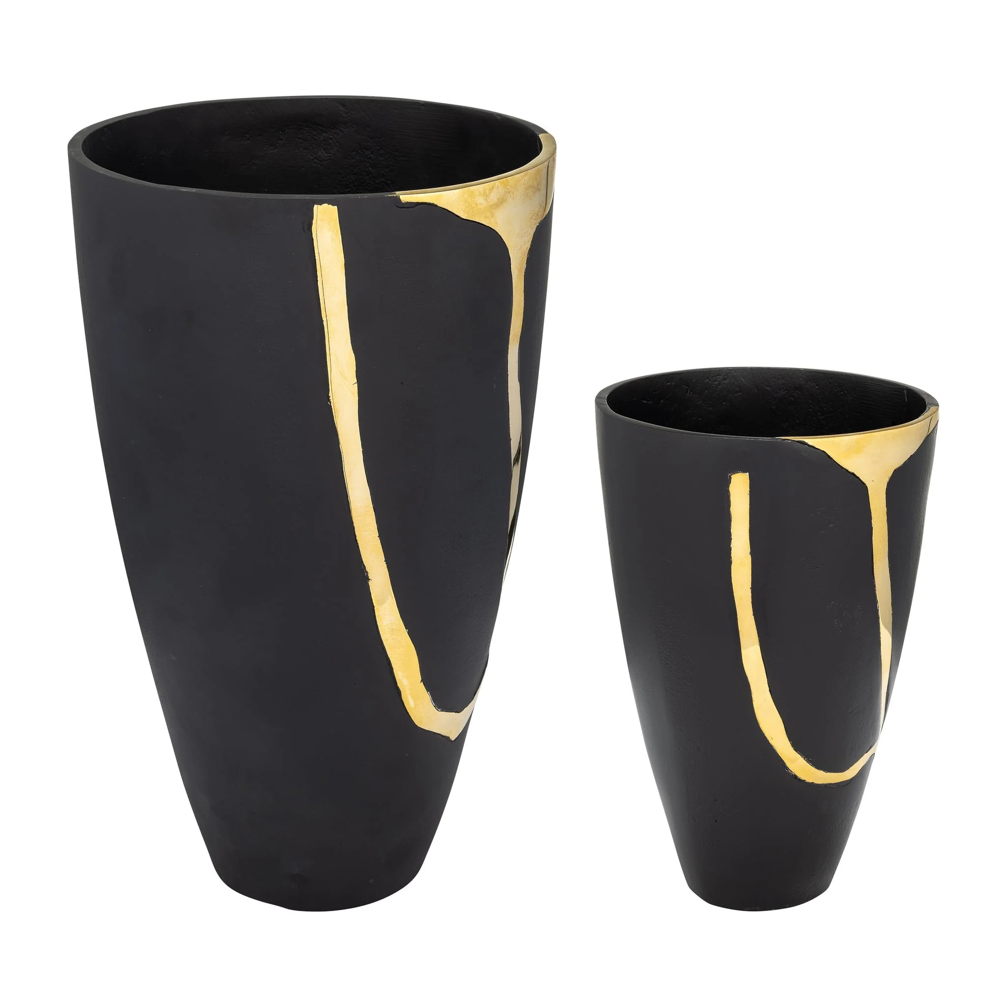 S/2 9/14", Metal  Cracked Design  Vases, Brass/cha - Image 3