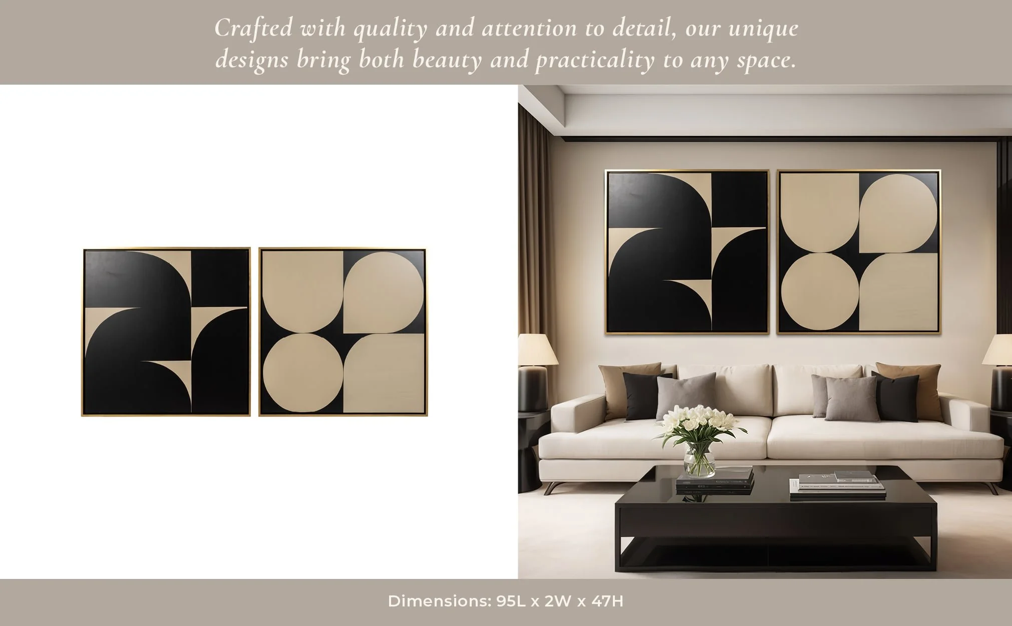 S/2 95x47 Hand Painted Modern Geos, Tan/black - Image 10