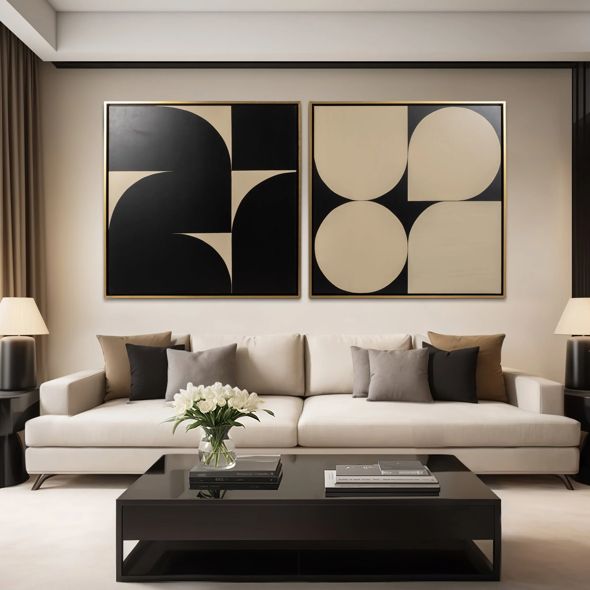 S/2 95x47 Hand Painted Modern Geos, Tan/black - Image 9