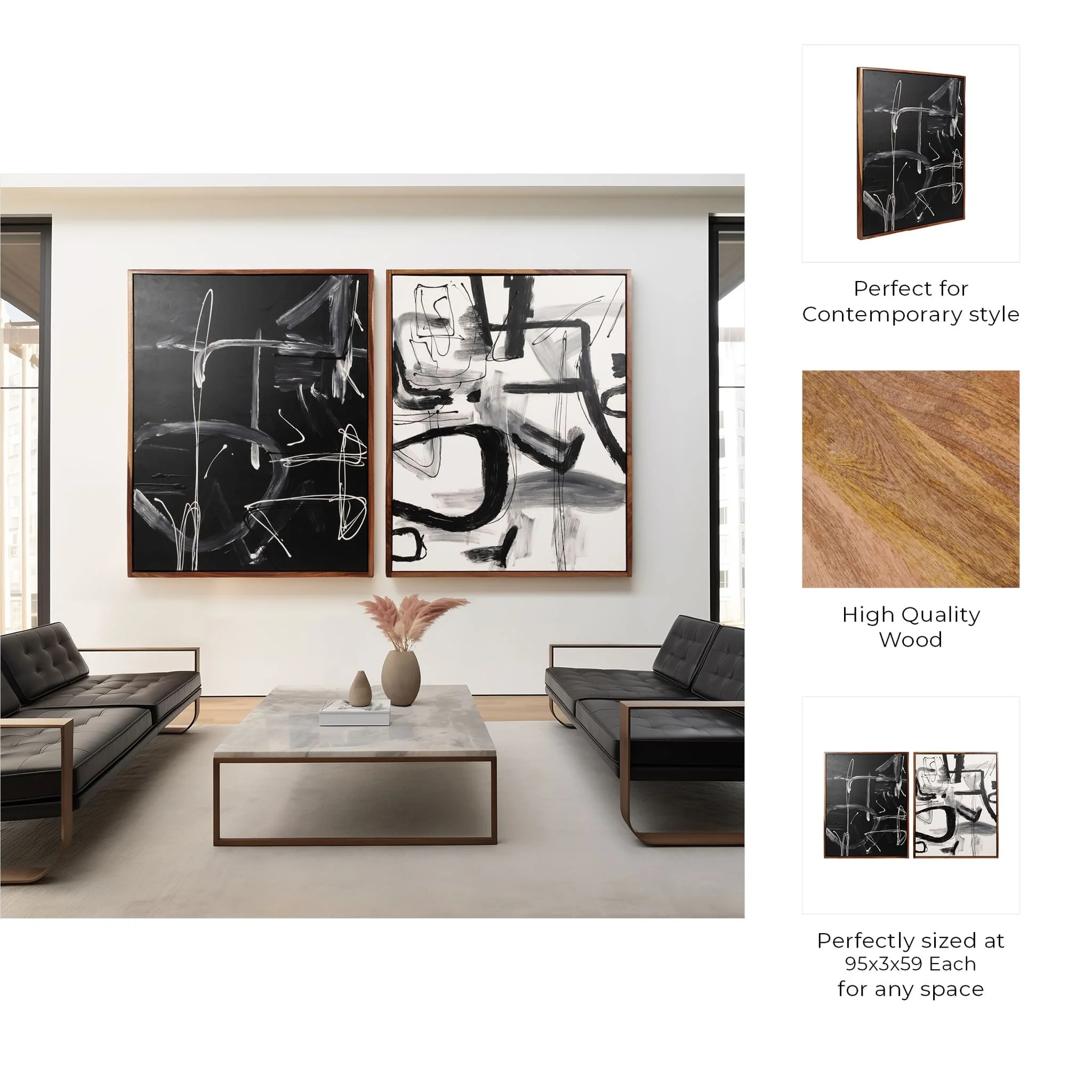 S/2 95x59 Hand Painted Contemporary Art, Black/wht - Image 8