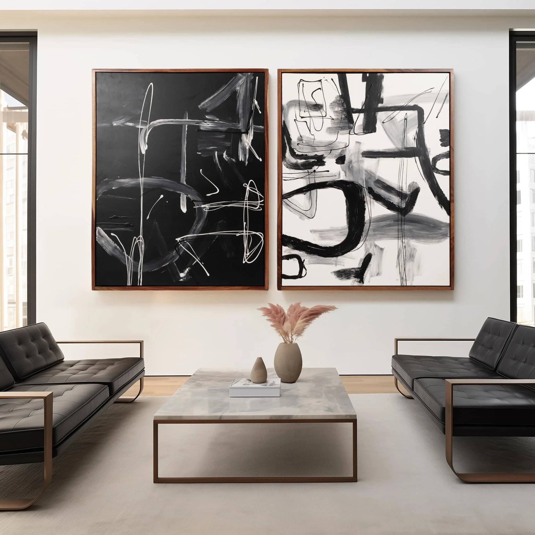 S/2 95x59 Hand Painted Contemporary Art, Black/wht - Image 9