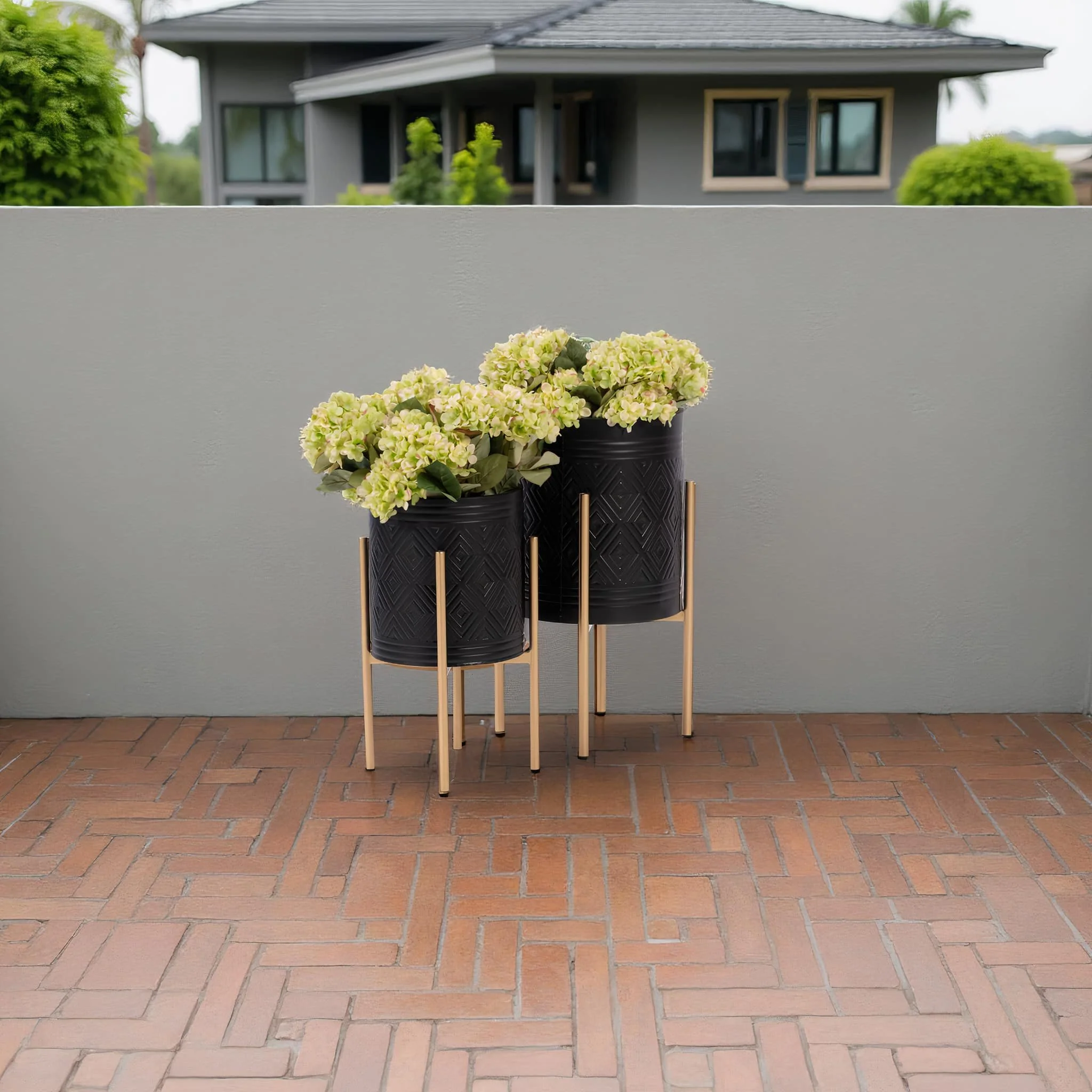 S/2 Aztec Planter On Metal Stand, Black/gold - Image 8