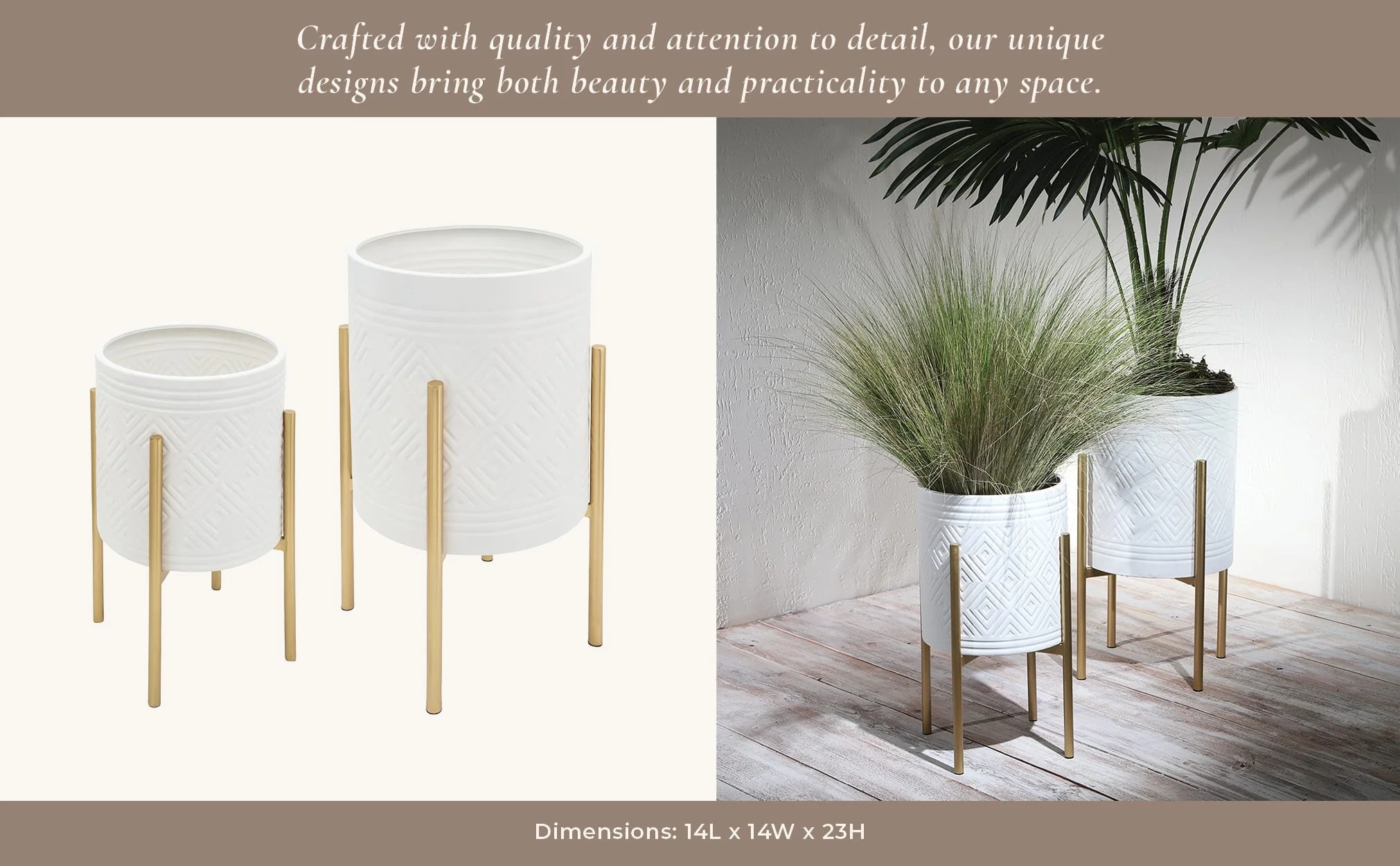 S/2 Aztec Planter On Metal Stand, White/gold - Image 12