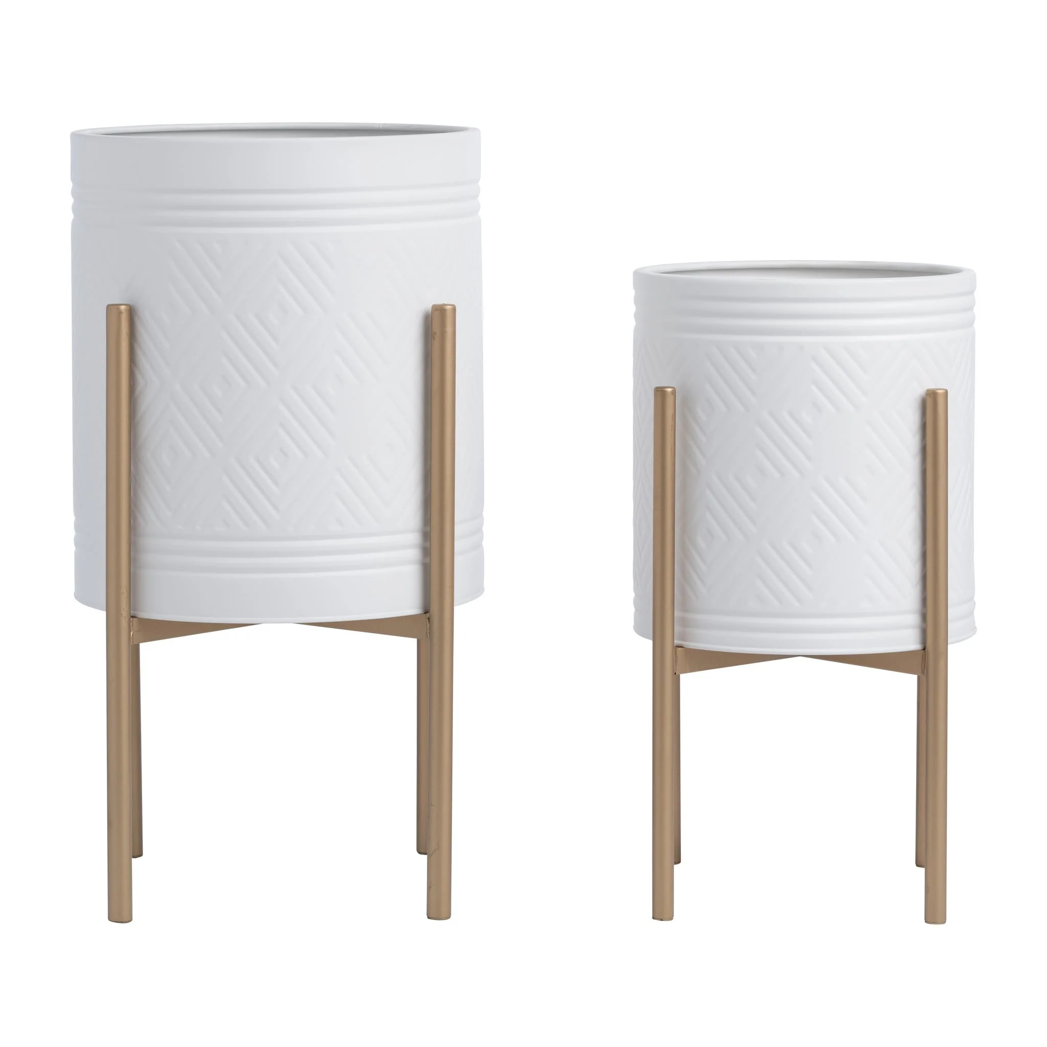 S/2 Aztec Planter On Metal Stand, White/gold - Image 3
