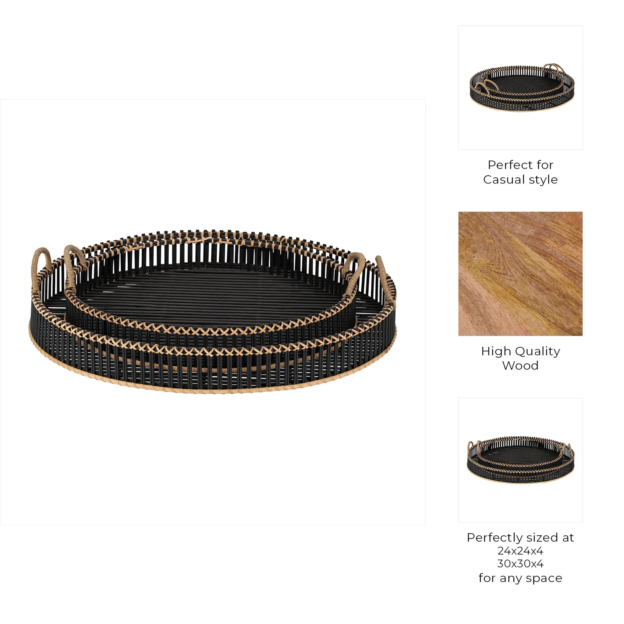 S/2 Bamboo 24/30" Round Trays, Black - Image 8