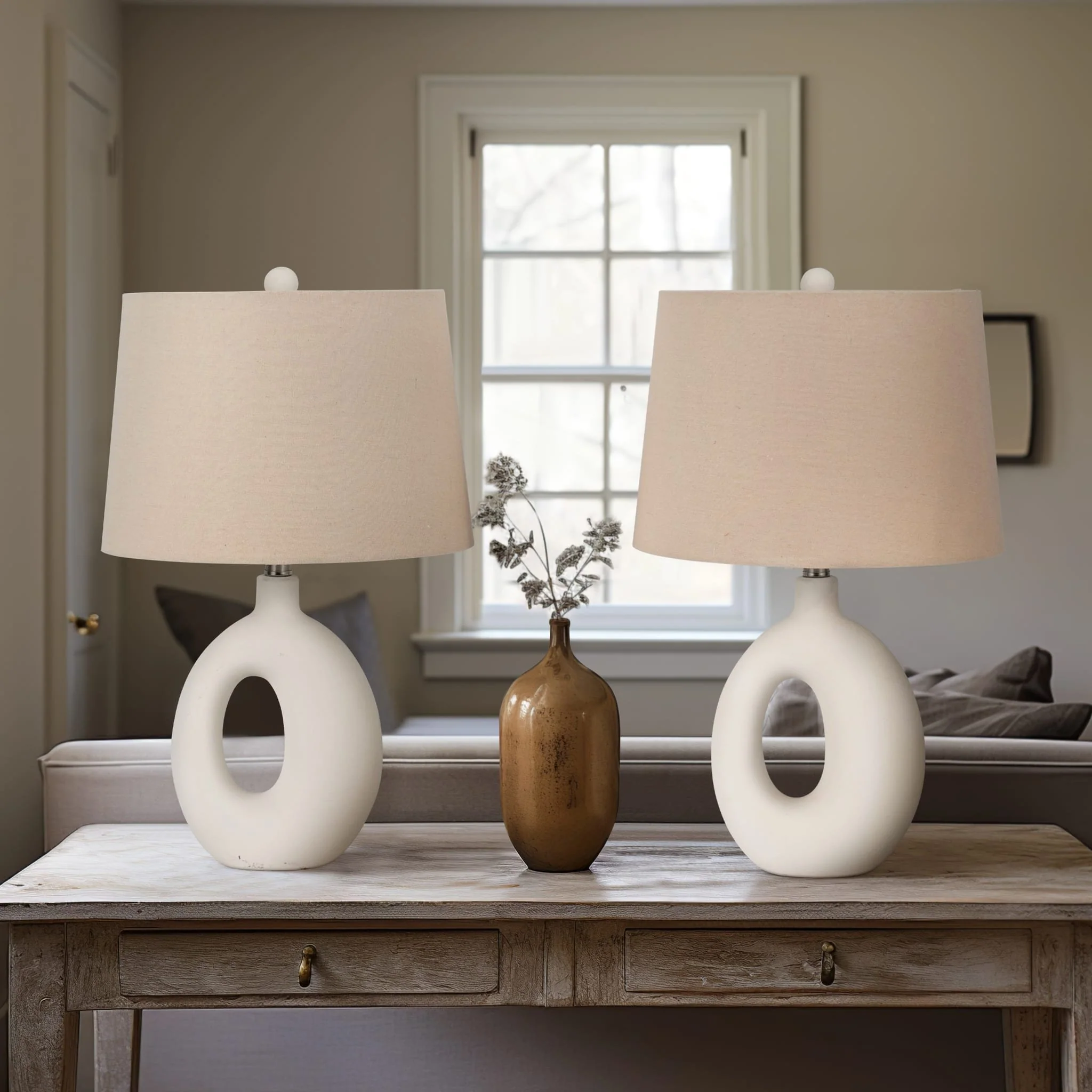 S/2 Ceramic 23" Open Cut Out Table Lamp, White/tan - Image 10