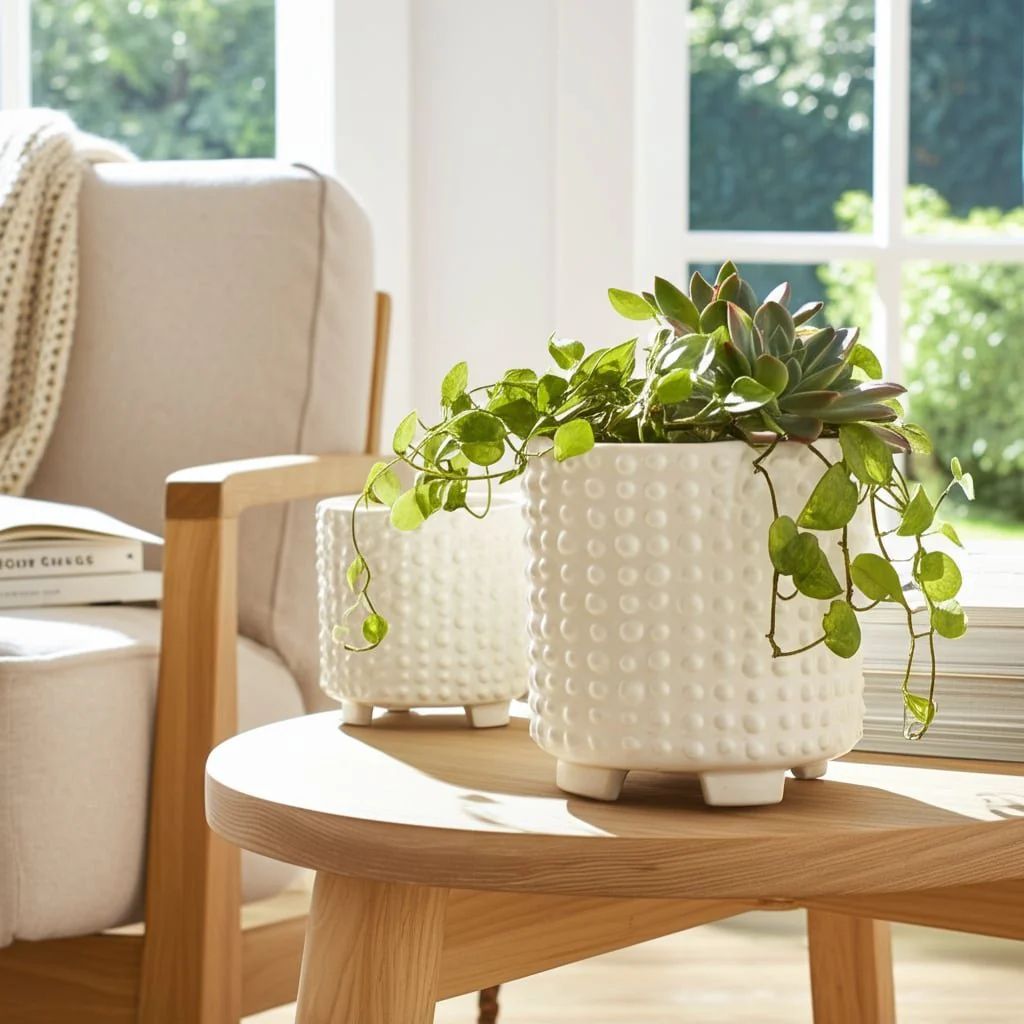 S/2 Ceramic 6/8" Footed Planters W/ Dots, White - Image 6