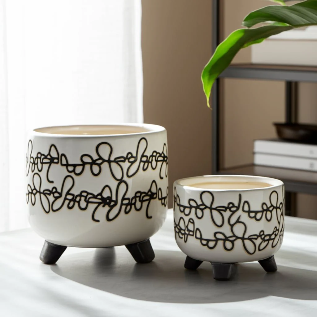 S/2 Ceramic 6/8" Scribble Footed Planter, Beige - Image 10