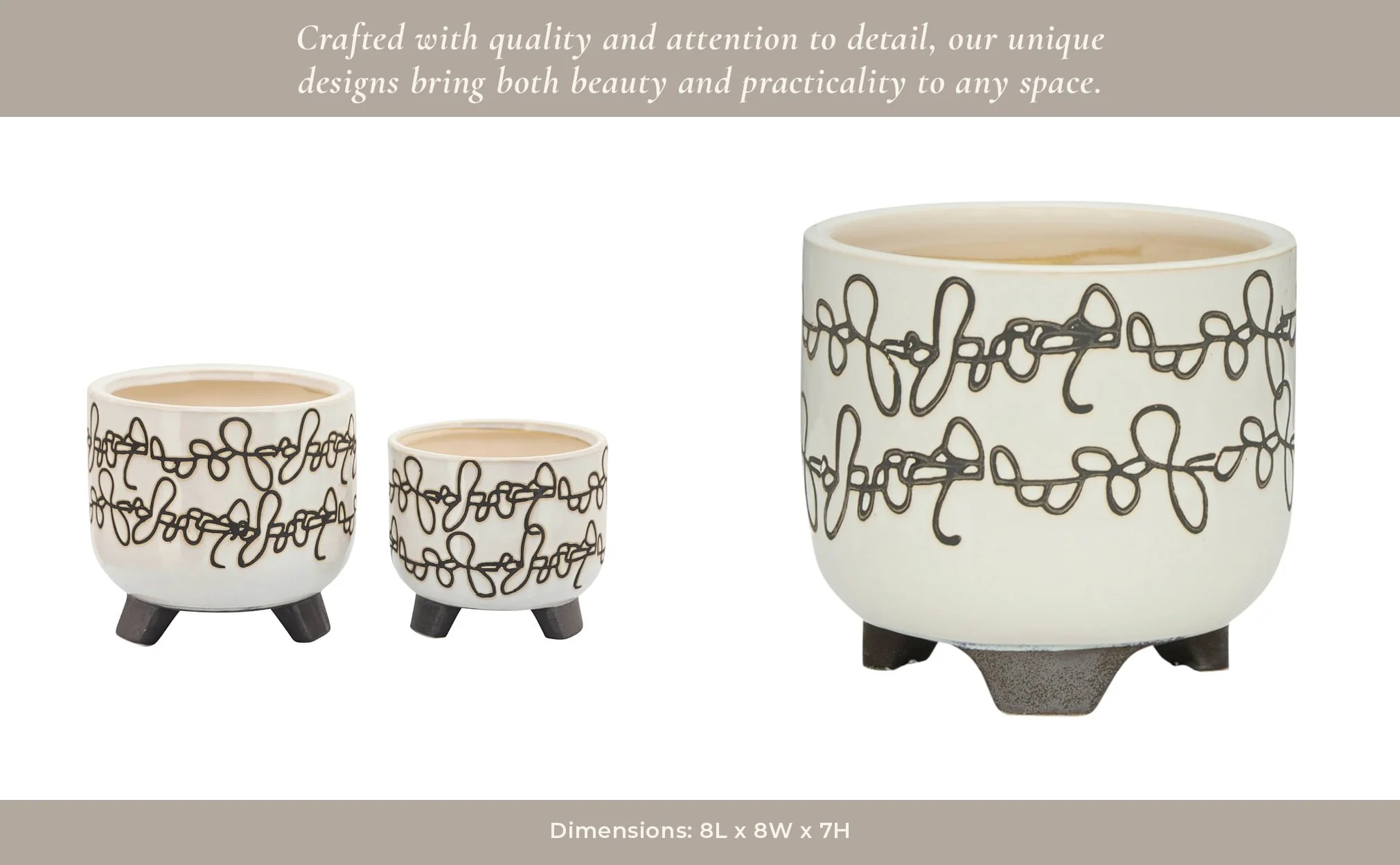 S/2 Ceramic 6/8" Scribble Footed Planter, Beige - Image 12