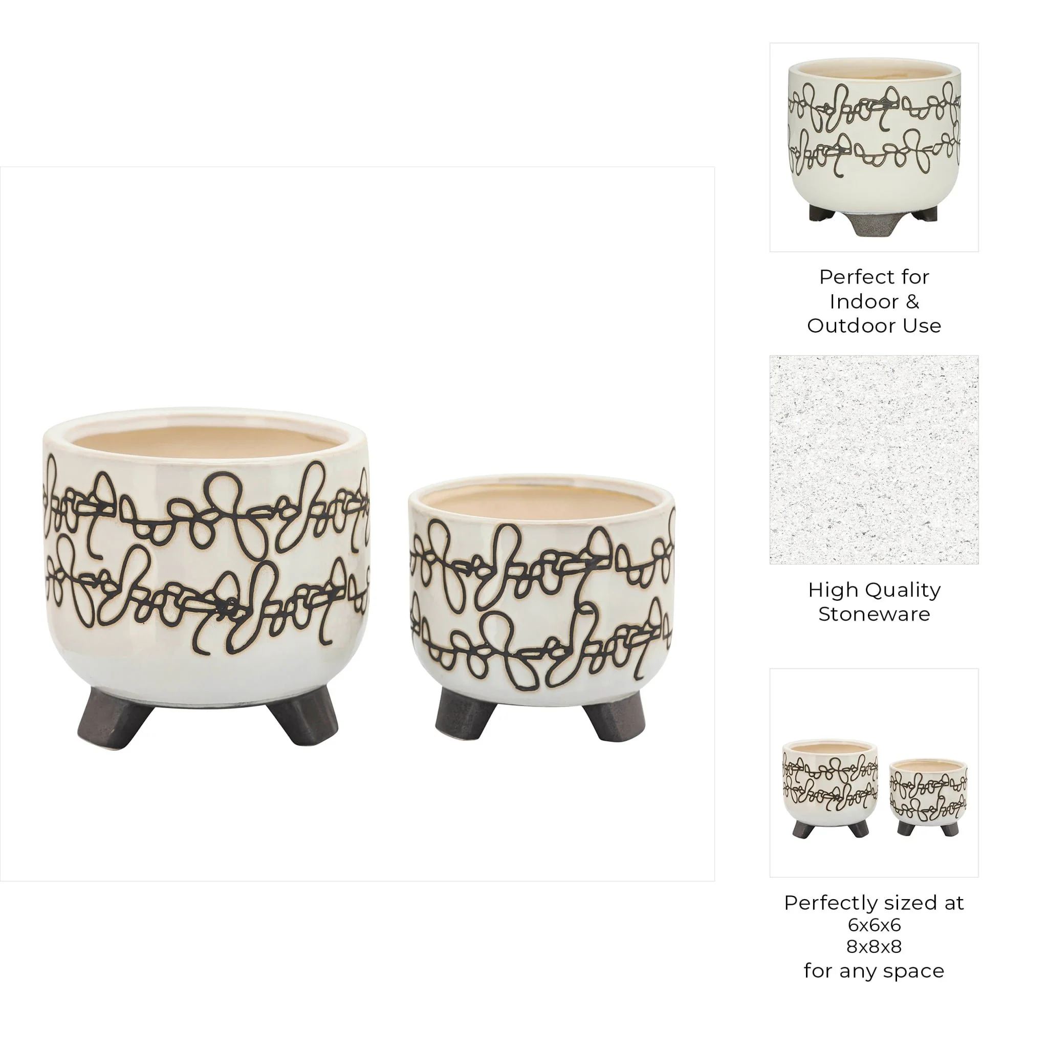 S/2 Ceramic 6/8" Scribble Footed Planter, Beige - Image 8