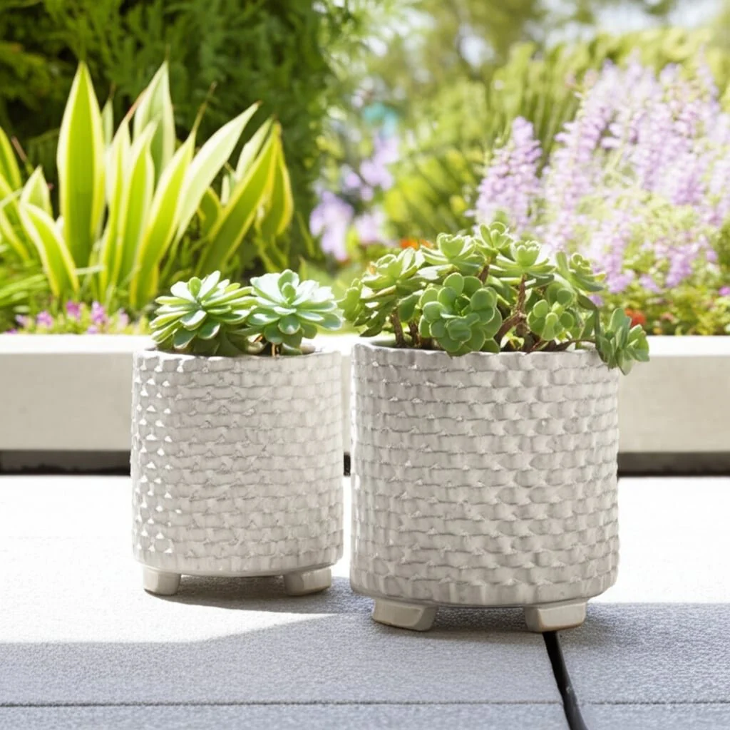 S/2 Ceramic 6/8" Textured Footed Planter, White - Image 12