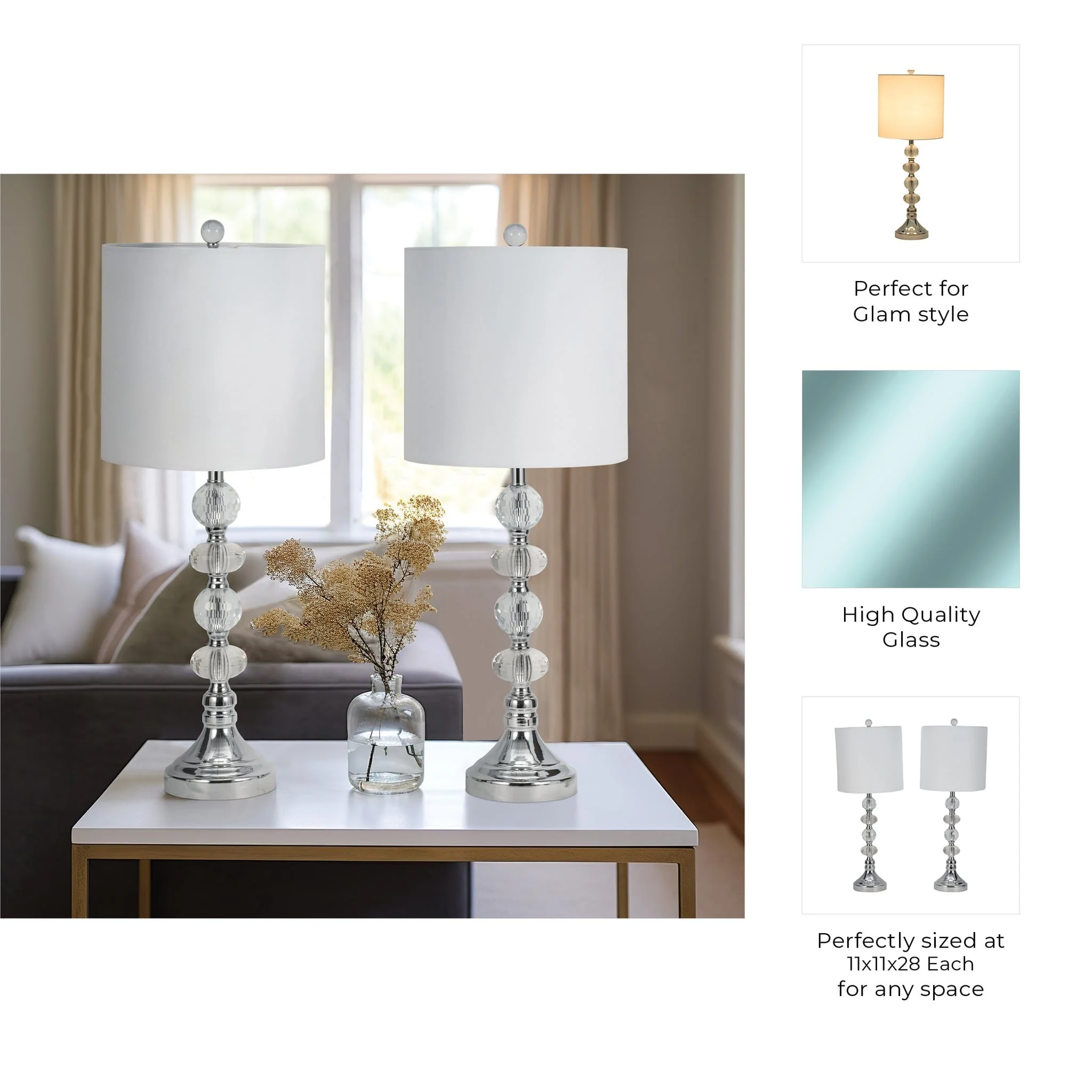 S/2 Crystal 28" Table Lamp, Silver - Image 9