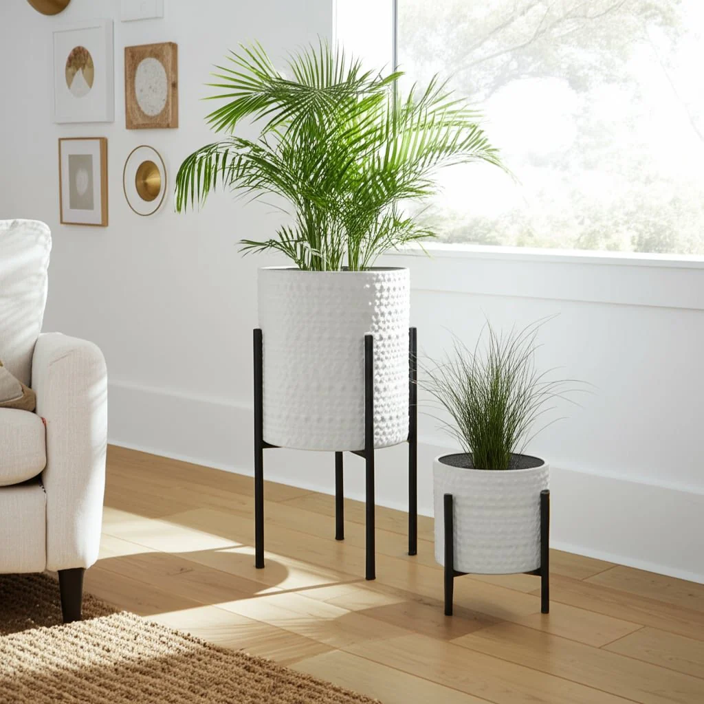 S/2 Dotted Planters In Metal Stand, White - Image 8