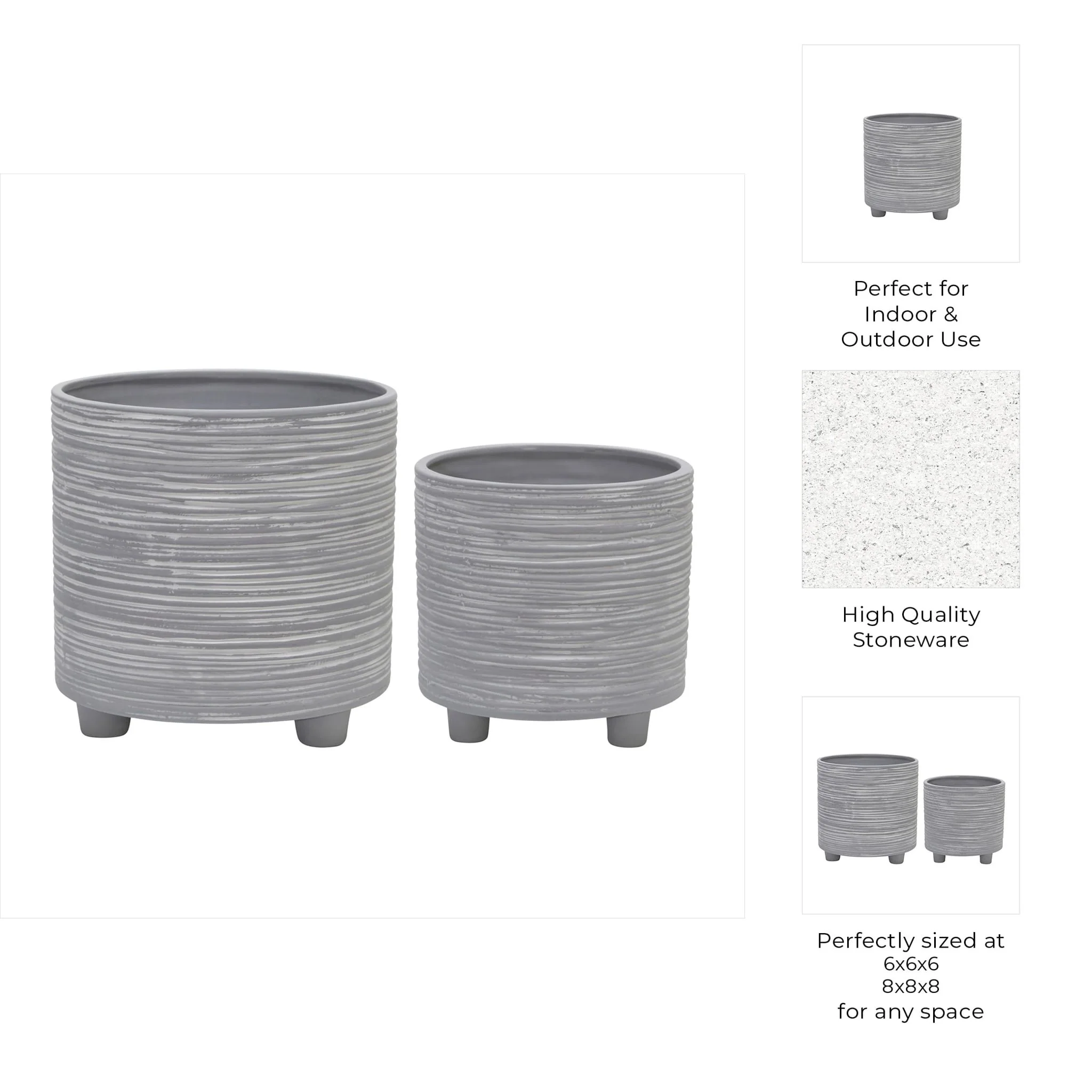 S/2  Footed Planter W/ Lines 6/8", Gray - Image 3