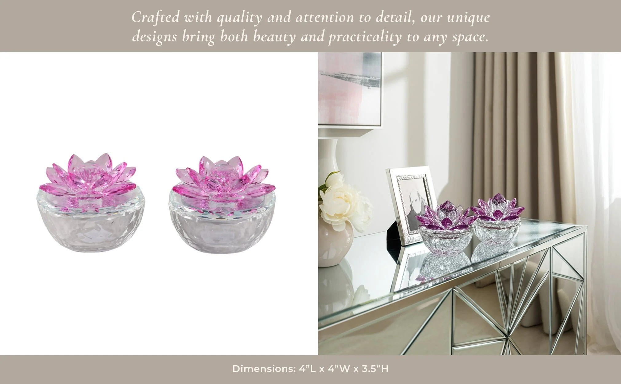 S/2 Glass Trinket Box Clear W/fushia Lotus Top - Image 10