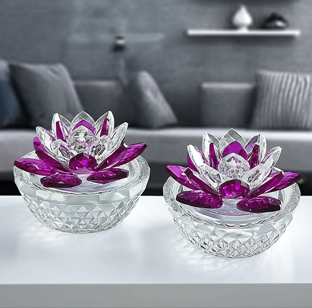S/2 Glass Trinket Box Clear W/fushia Lotus Top - Image 9