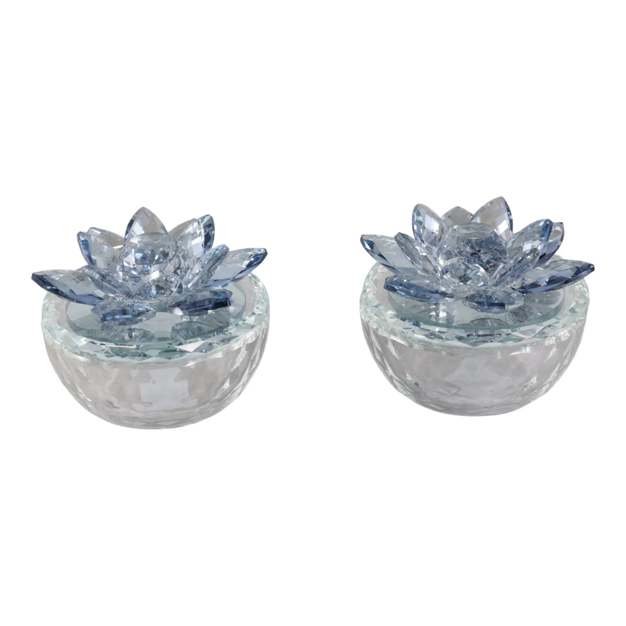 S/2 Glass Trinket Box Clear W/lt Blue Lotus Top - Image 3