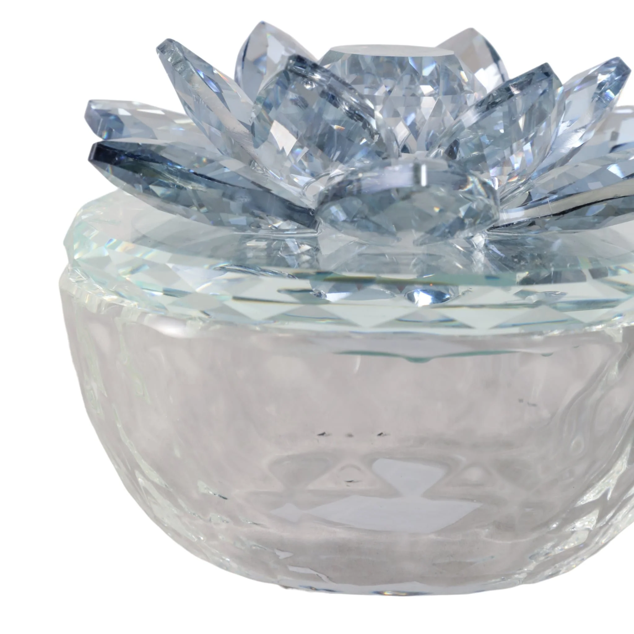 S/2 Glass Trinket Box Clear W/lt Blue Lotus Top - Image 6