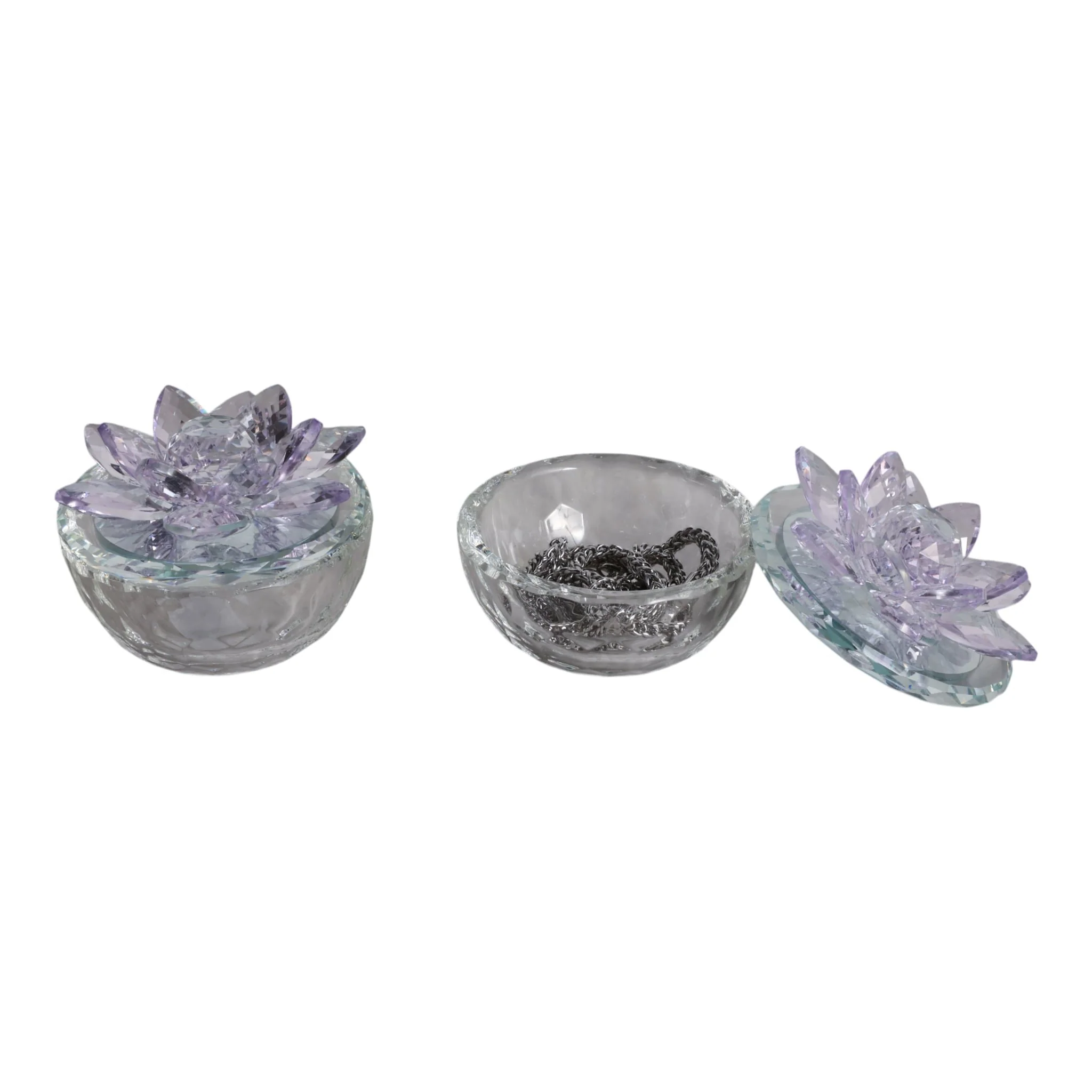 S/2 Glass Trinket Box Clear W/purple Lotus Top - Image 2