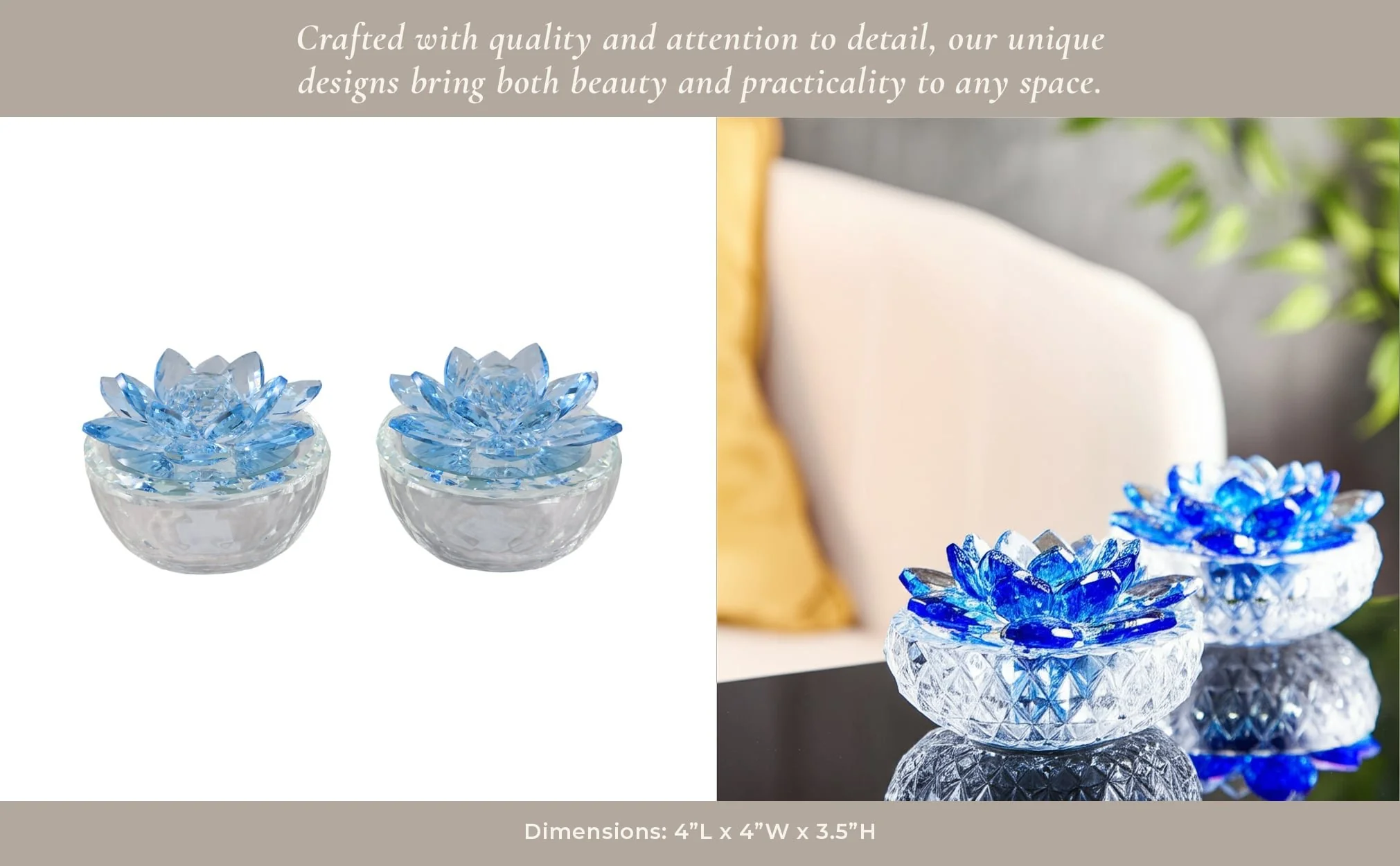 S/2 Glass Trinket Box Clear W/royal Blue Lotus Top - Image 10