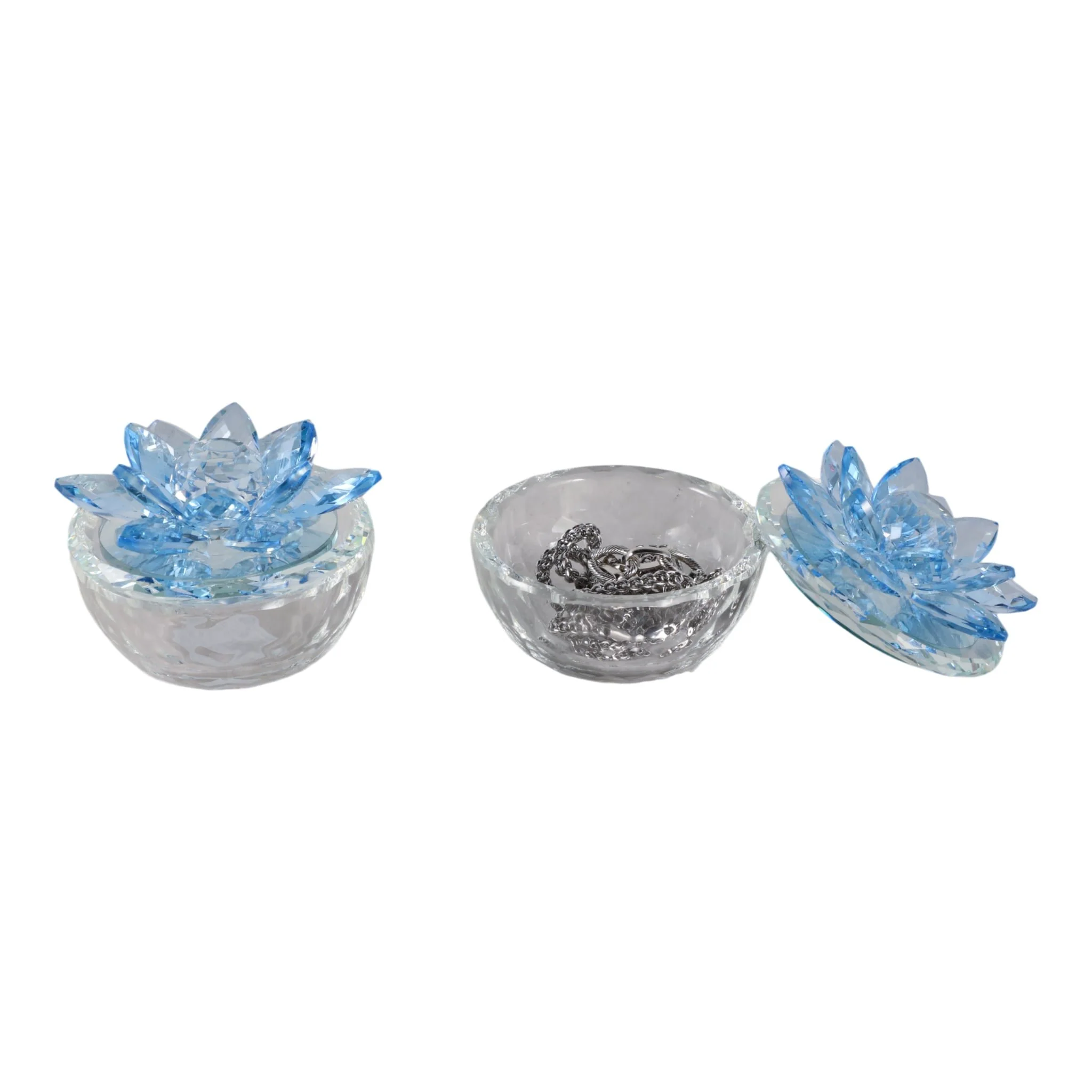S/2 Glass Trinket Box Clear W/royal Blue Lotus Top - Image 2