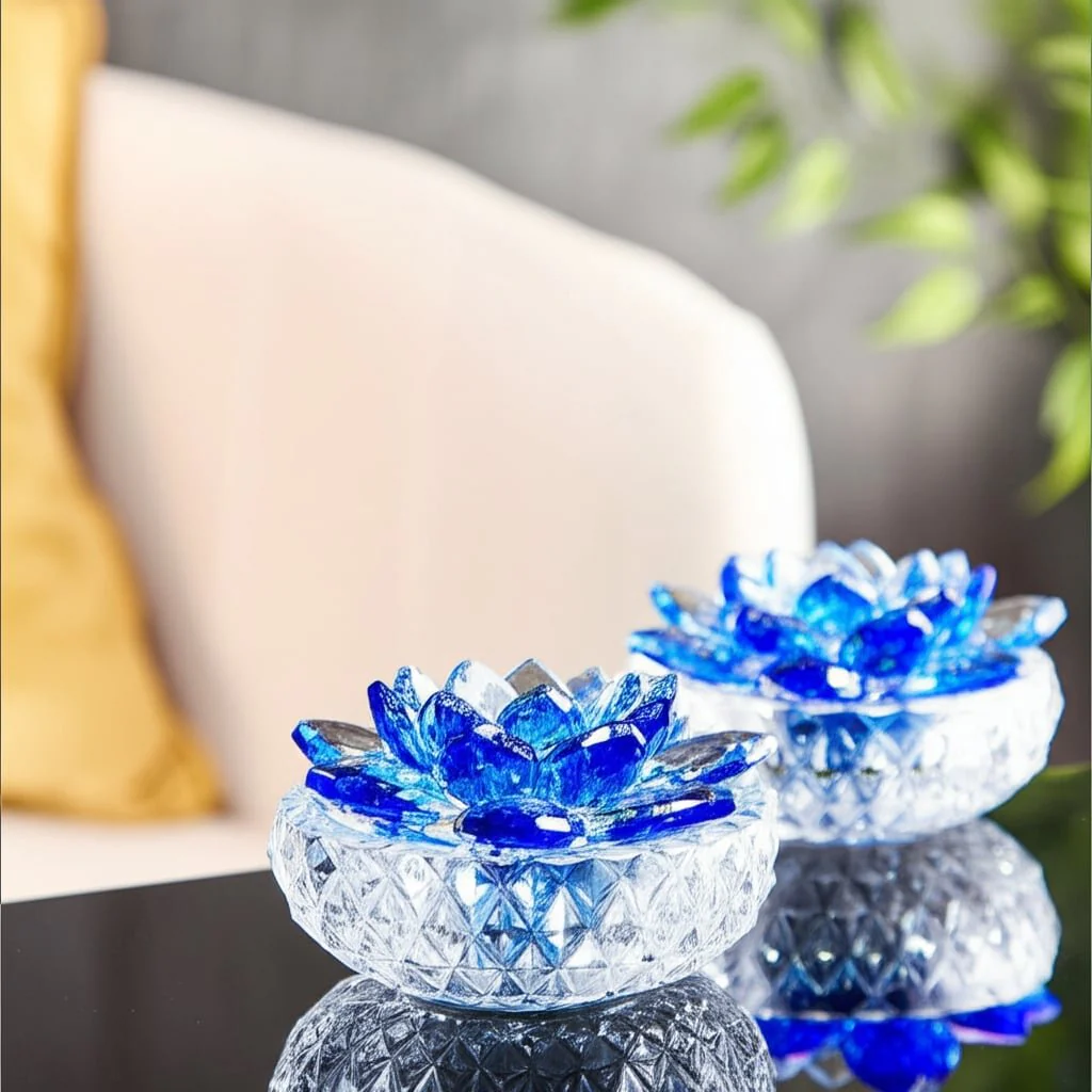 S/2 Glass Trinket Box Clear W/royal Blue Lotus Top - Image 8