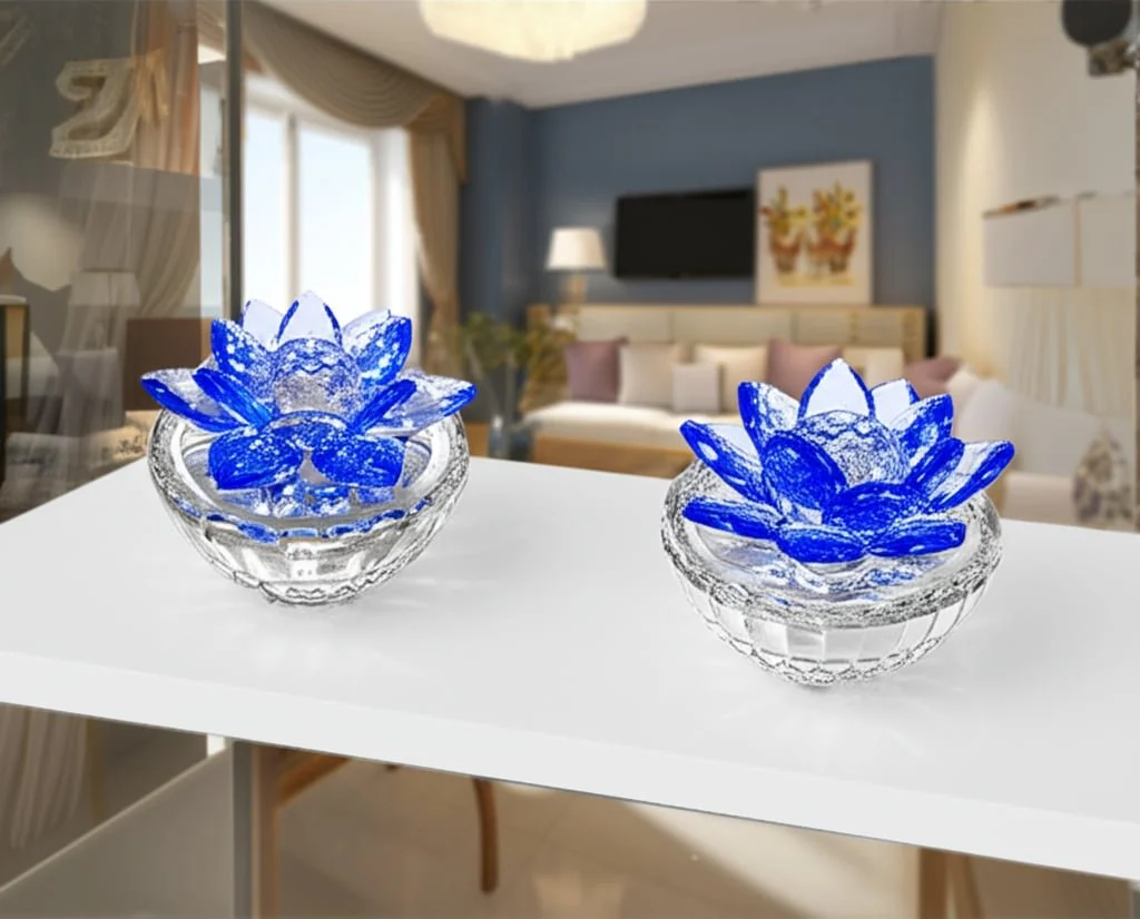 S/2 Glass Trinket Box Clear W/royal Blue Lotus Top - Image 9