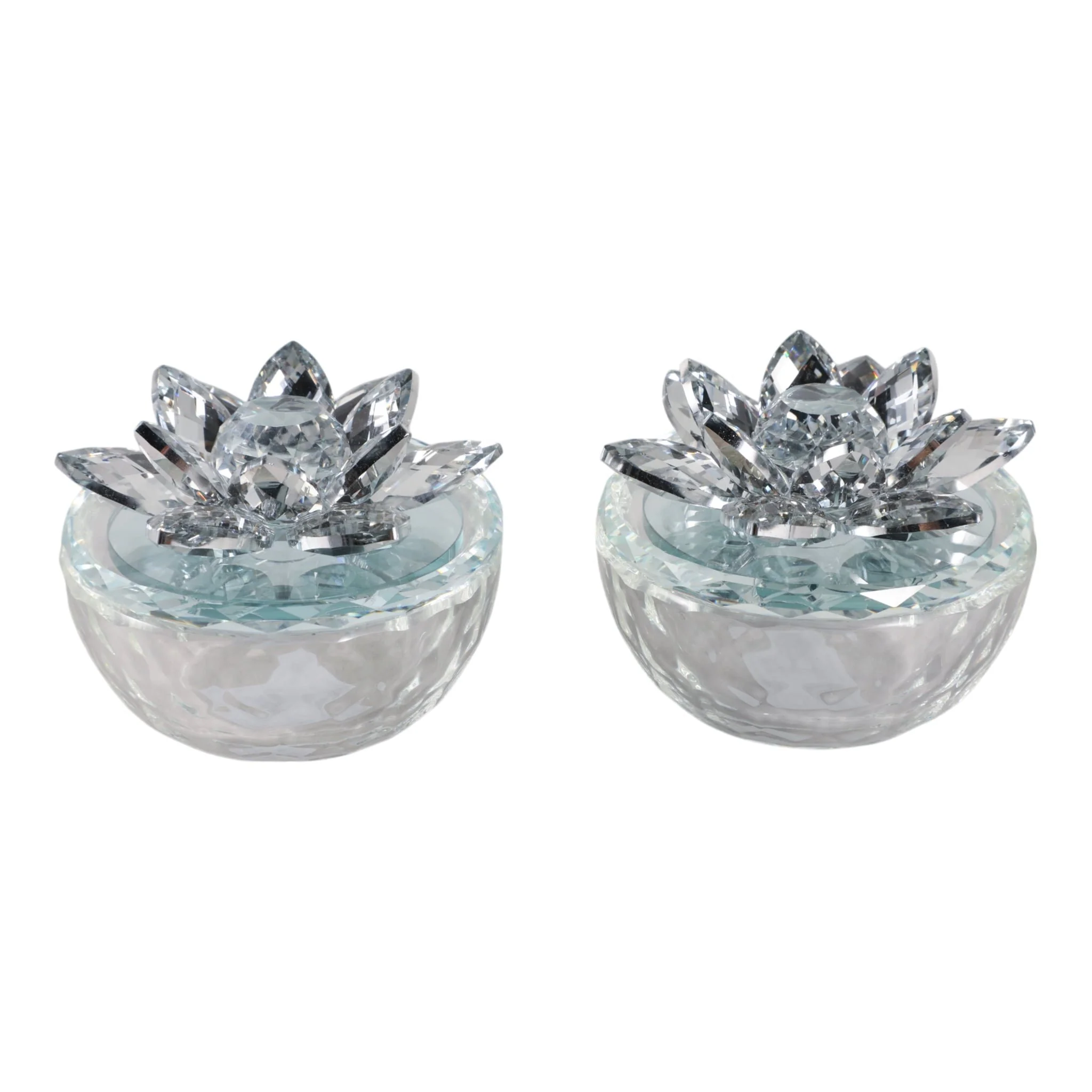S/2 Glass Trinket Box Clear W/silver Lotus Top - Image 3