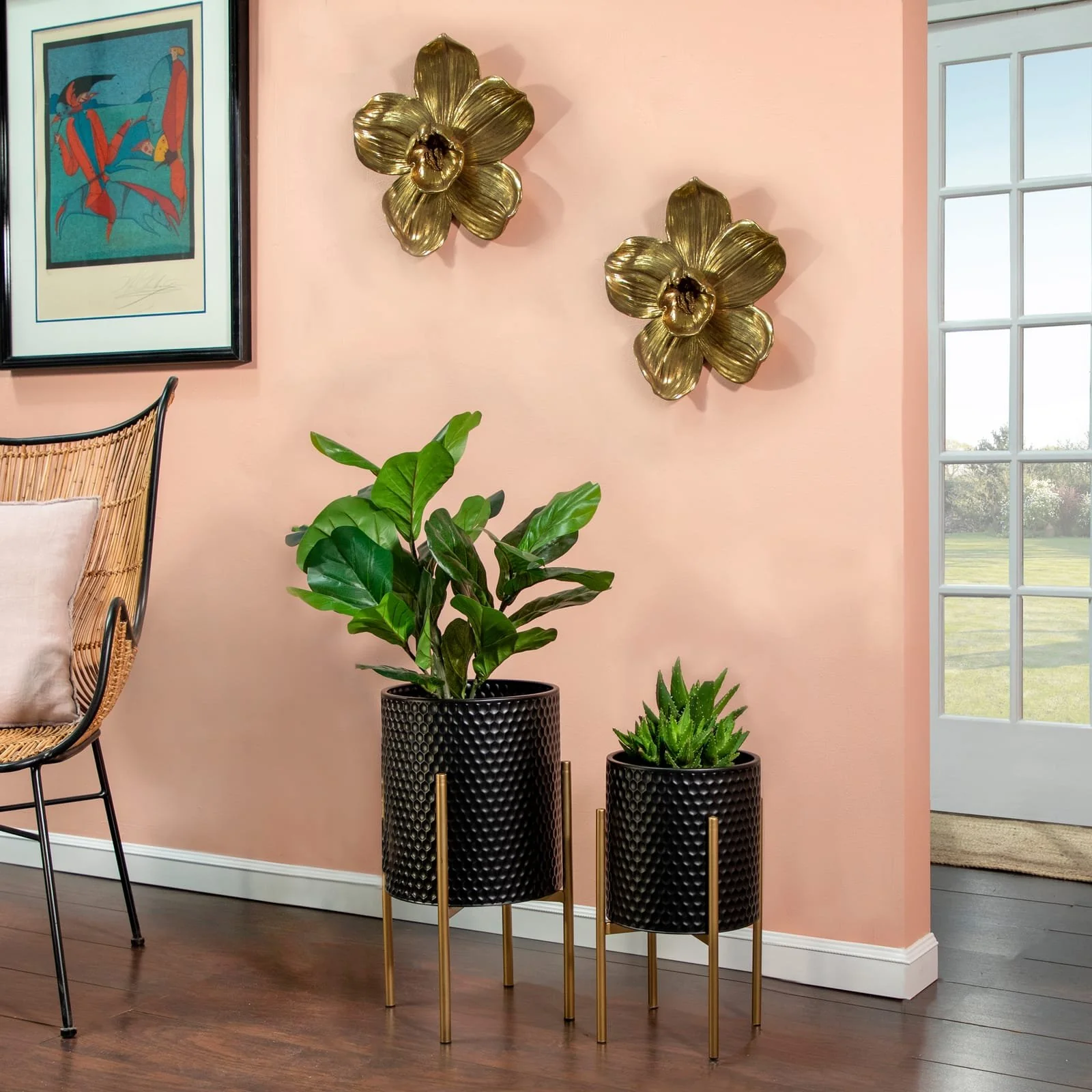S/2 Honeycomb Planter On Metalstand, Black/gld - Image 7