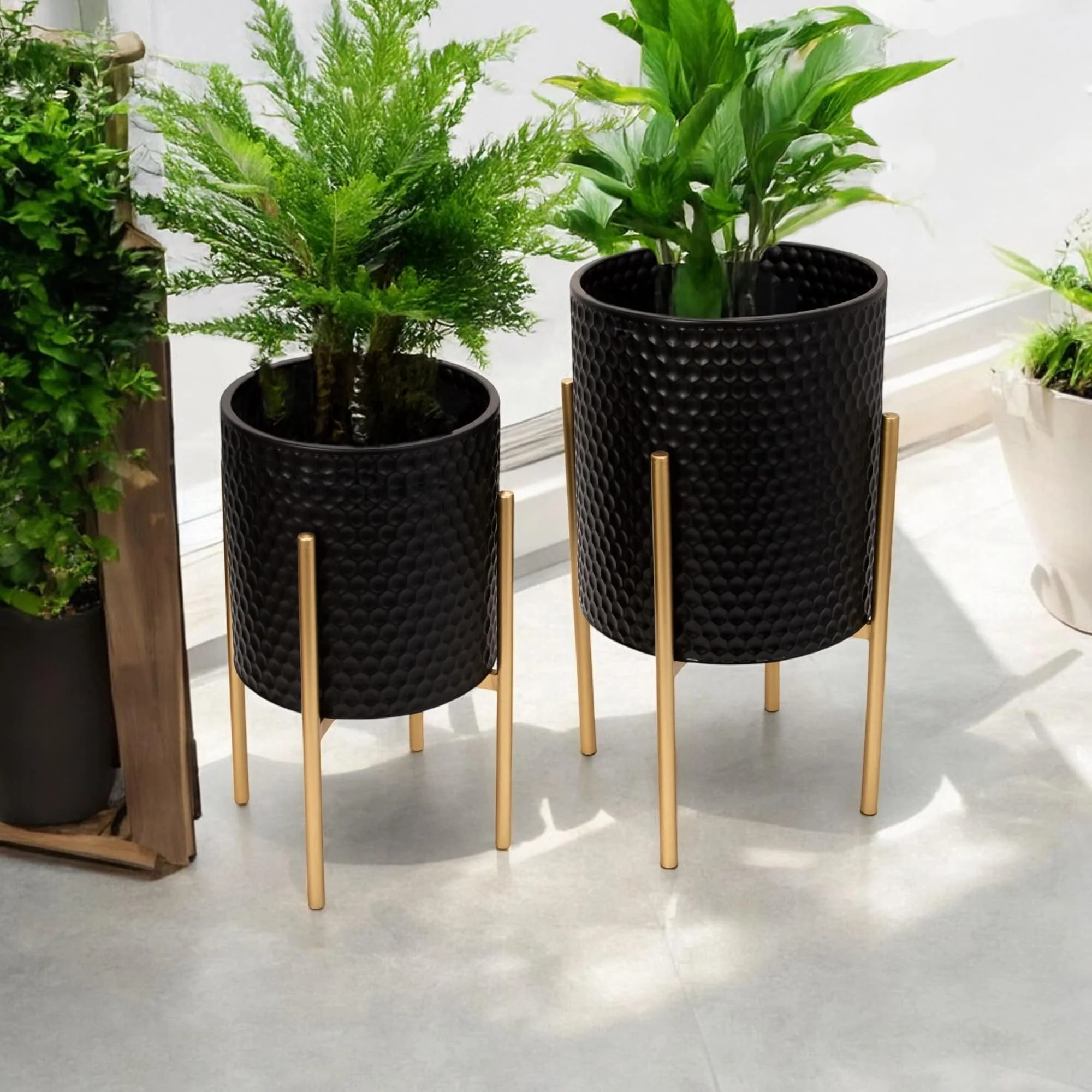 S/2 Honeycomb Planter On Metalstand, Black/gld - Image 9