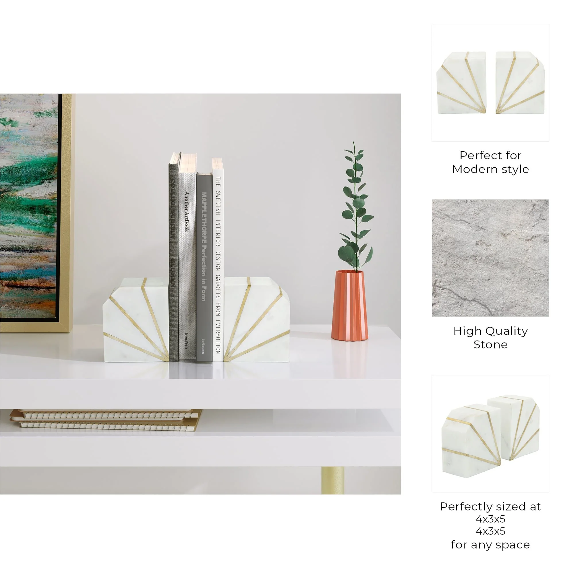 S/2 Marble 5"h Polished Bookends W/gold Inlays,wht - Image 5