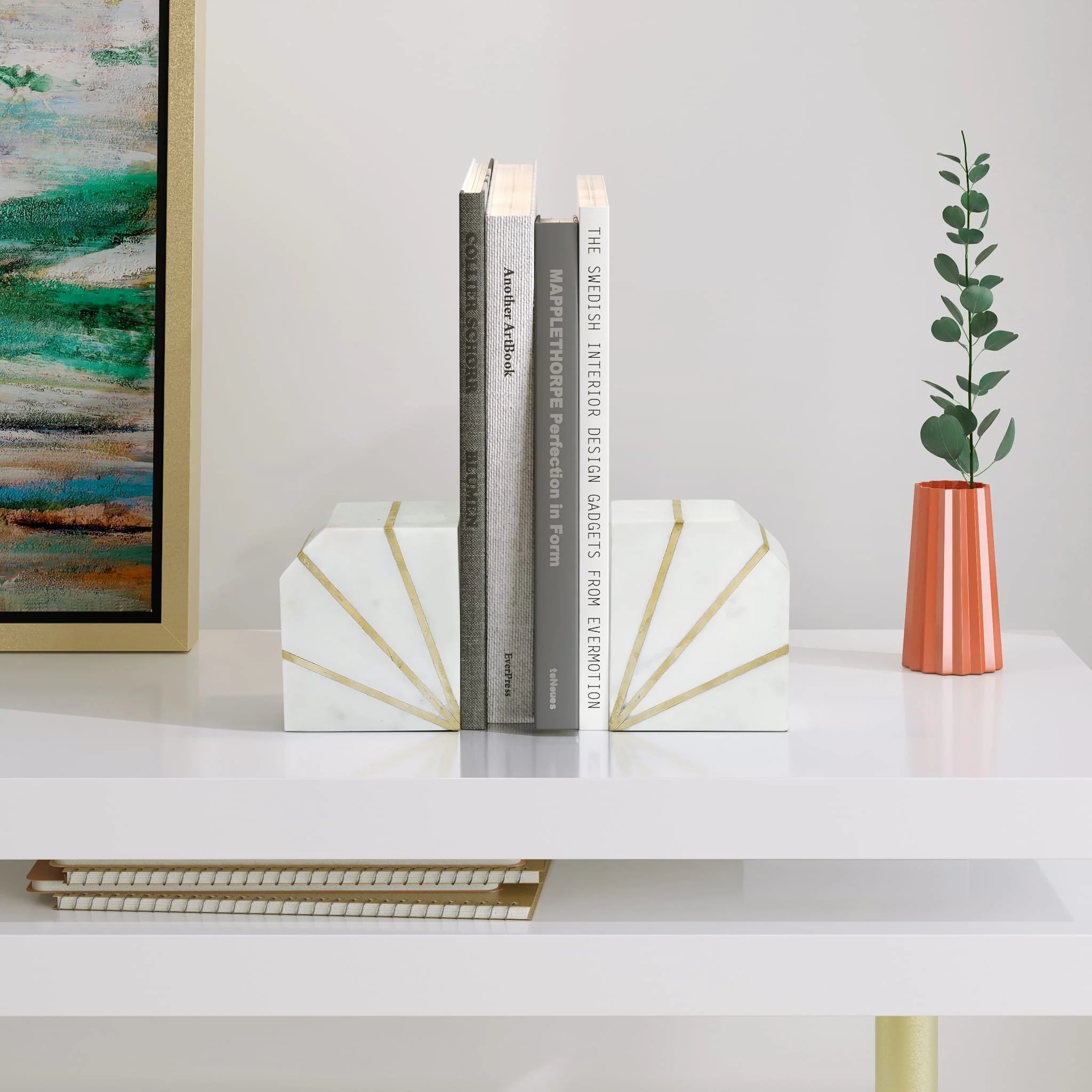 S/2 Marble 5"h Polished Bookends W/gold Inlays,wht - Image 6