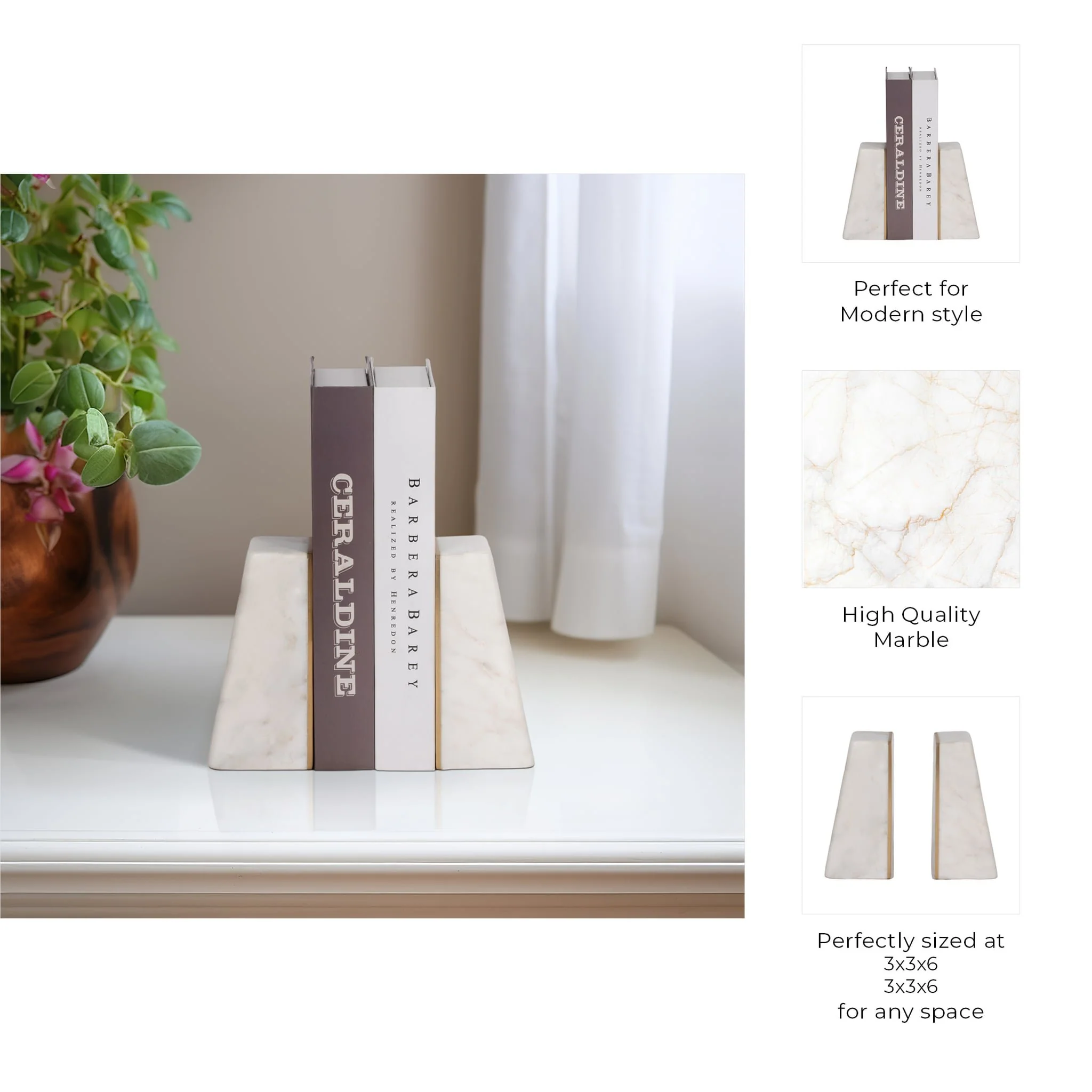 S/2 Marble 6"h Slanted Bookends W/gold Trim,white - Image 8