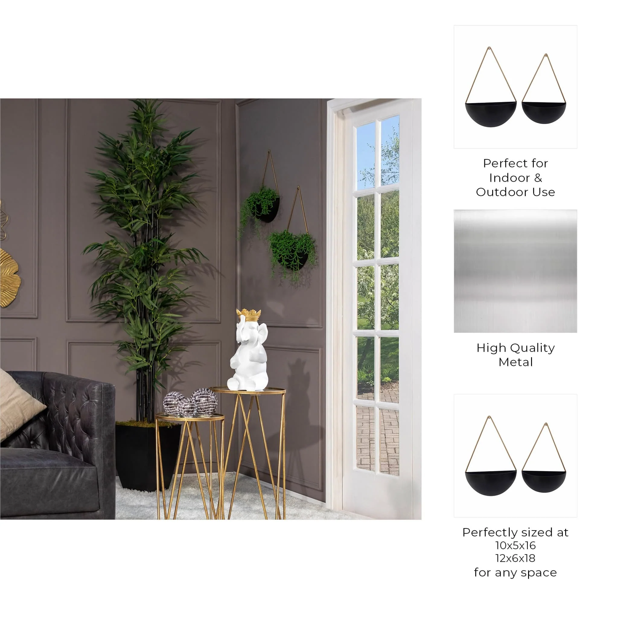S/2 Metal Half Moon Wall Planters, Black - Image 3