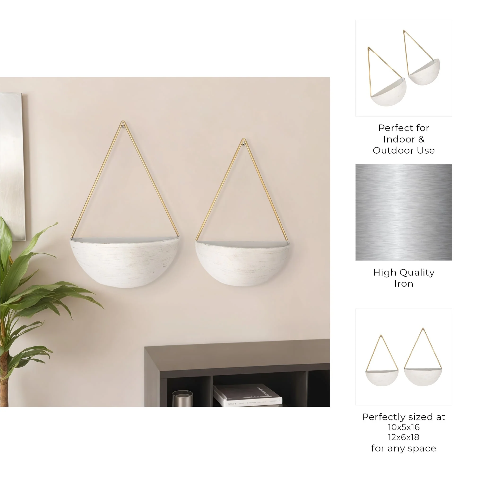 S/2 Metal Half Moon Wall Planters, White - Image 7