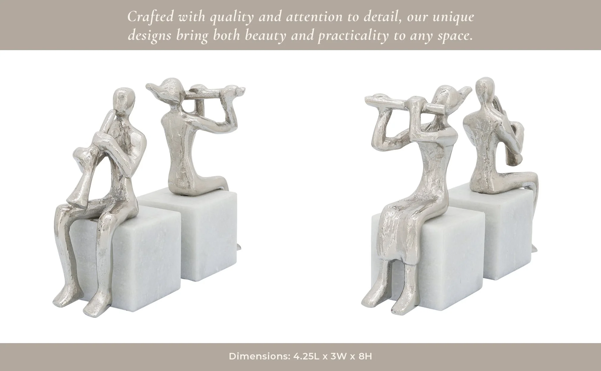 S/2 Metal Musicians On Marble Base, Silver - Image 12