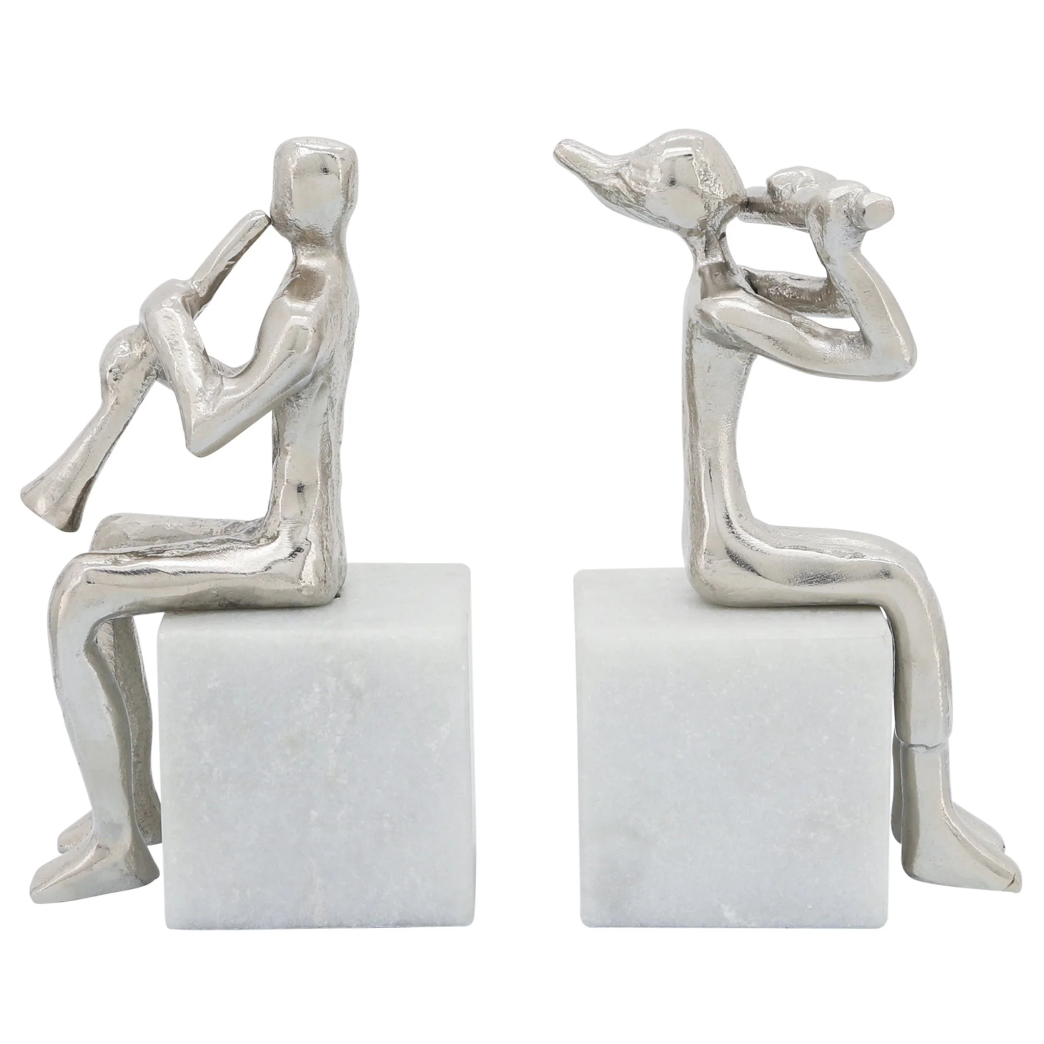 S/2 Metal Musicians On Marble Base, Silver - Image 4