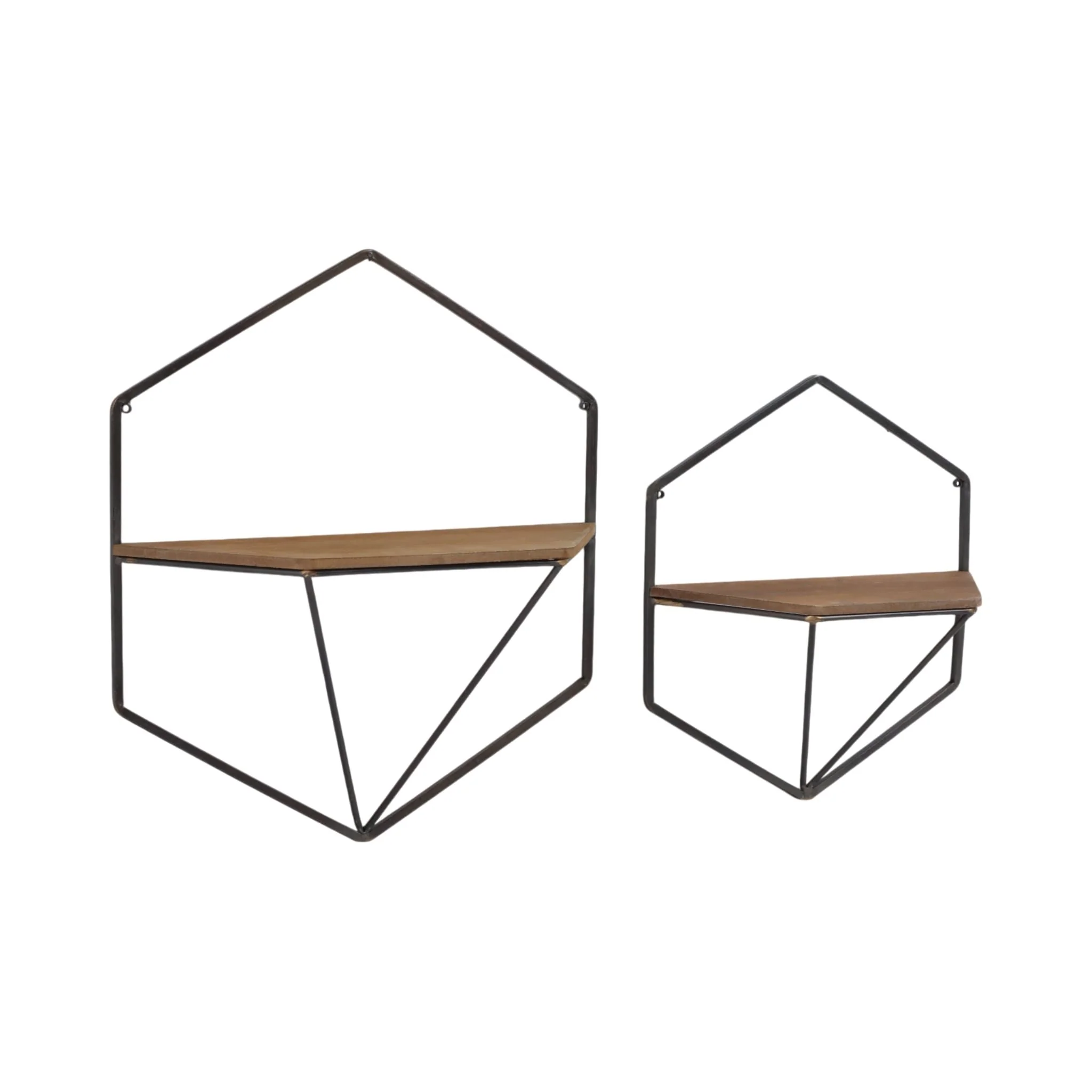 S/2 Metal / Wood Hexagon Wall Shelves, Brown - Image 2