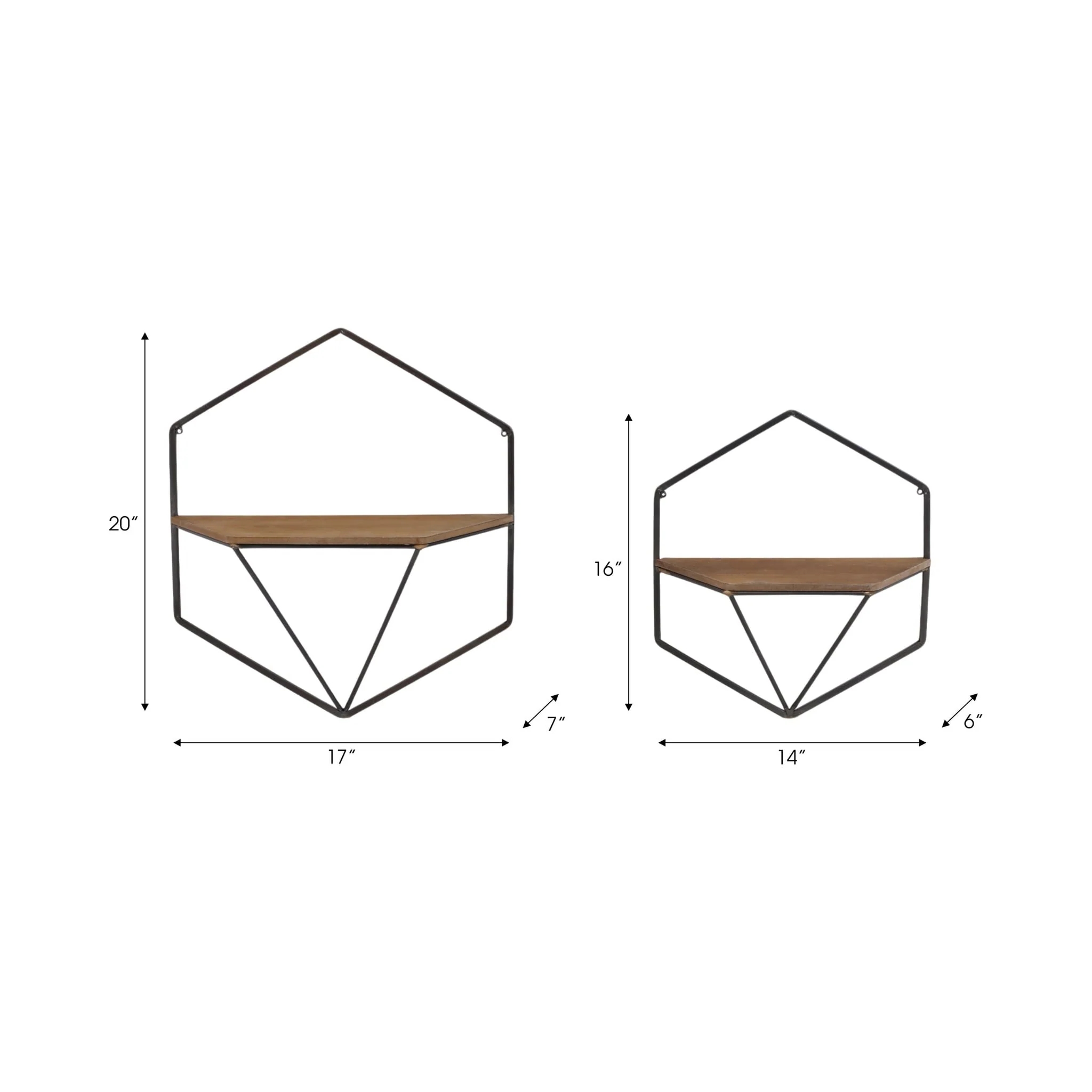 S/2 Metal / Wood Hexagon Wall Shelves, Brown - Image 7