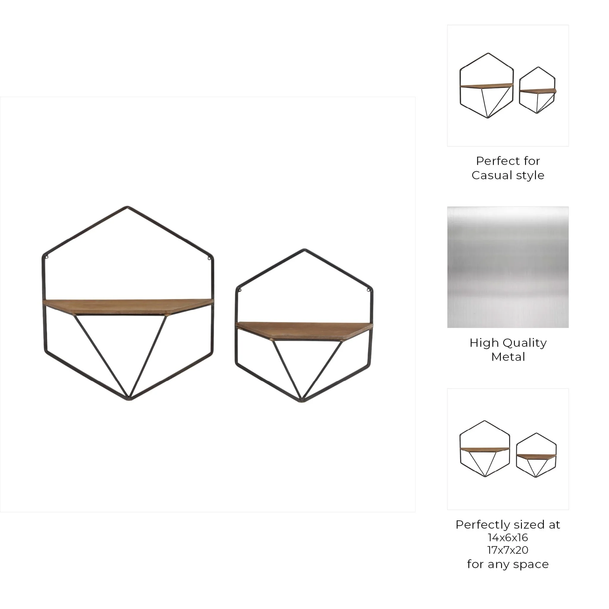 S/2 Metal / Wood Hexagon Wall Shelves, Brown - Image 8