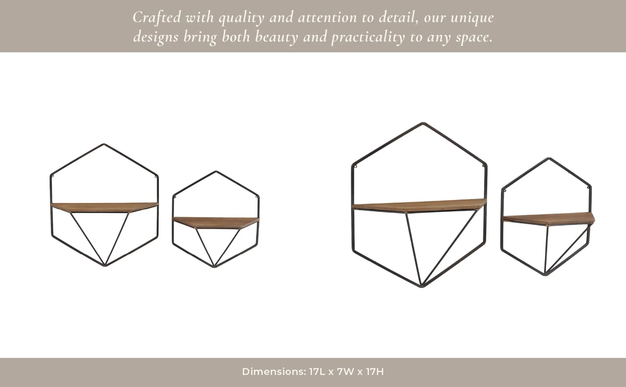 S/2 Metal / Wood Hexagon Wall Shelves, Brown - Image 9