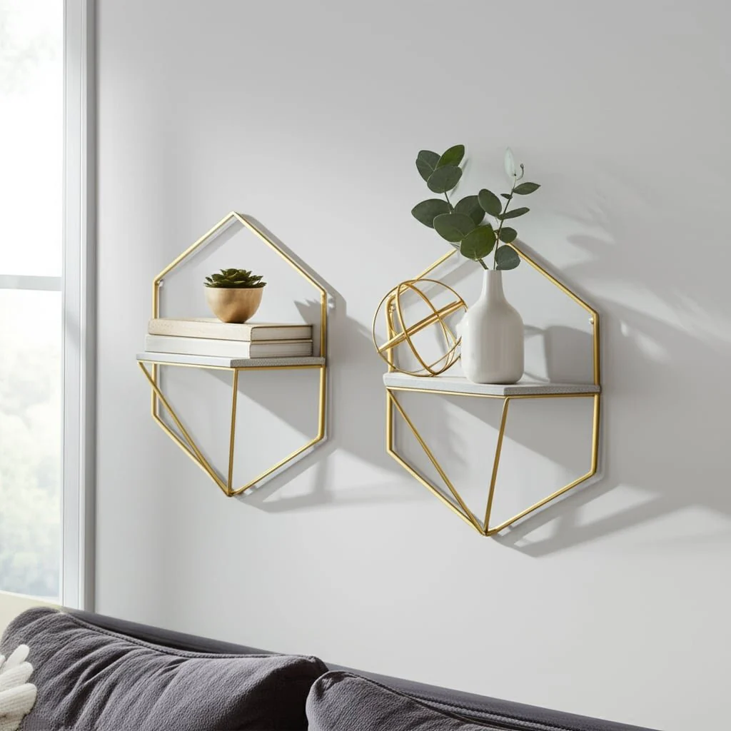 S/2 Metal / Wood Hexagon Wall Shelves, Gold/wht - Image 8