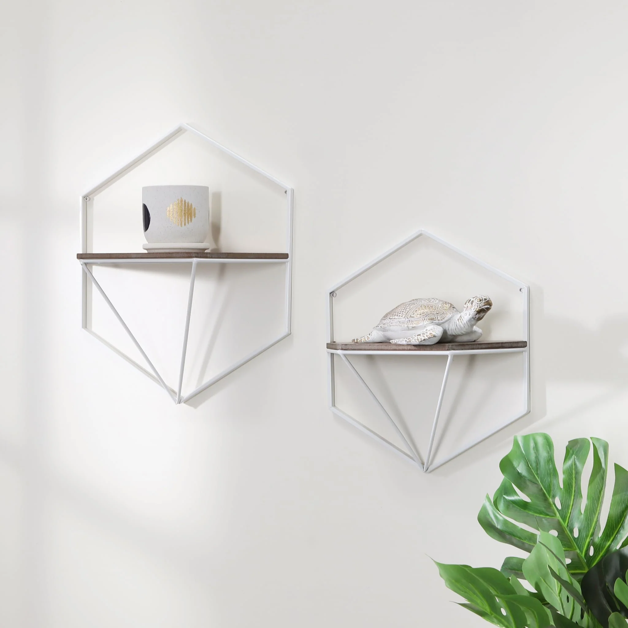 S/2 Metal / Wood Hexagon Wall Shelves, Wht/gray - Image 10