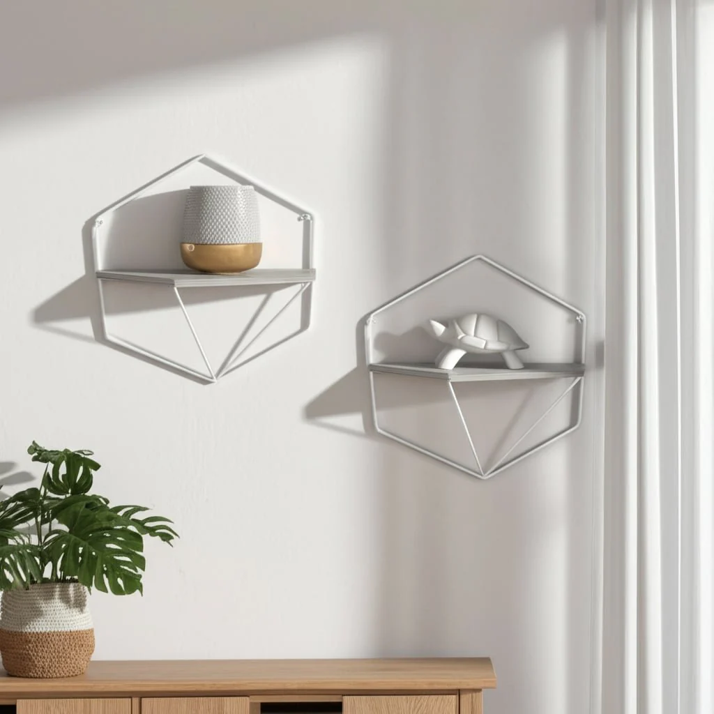S/2 Metal / Wood Hexagon Wall Shelves, Wht/gray - Image 12