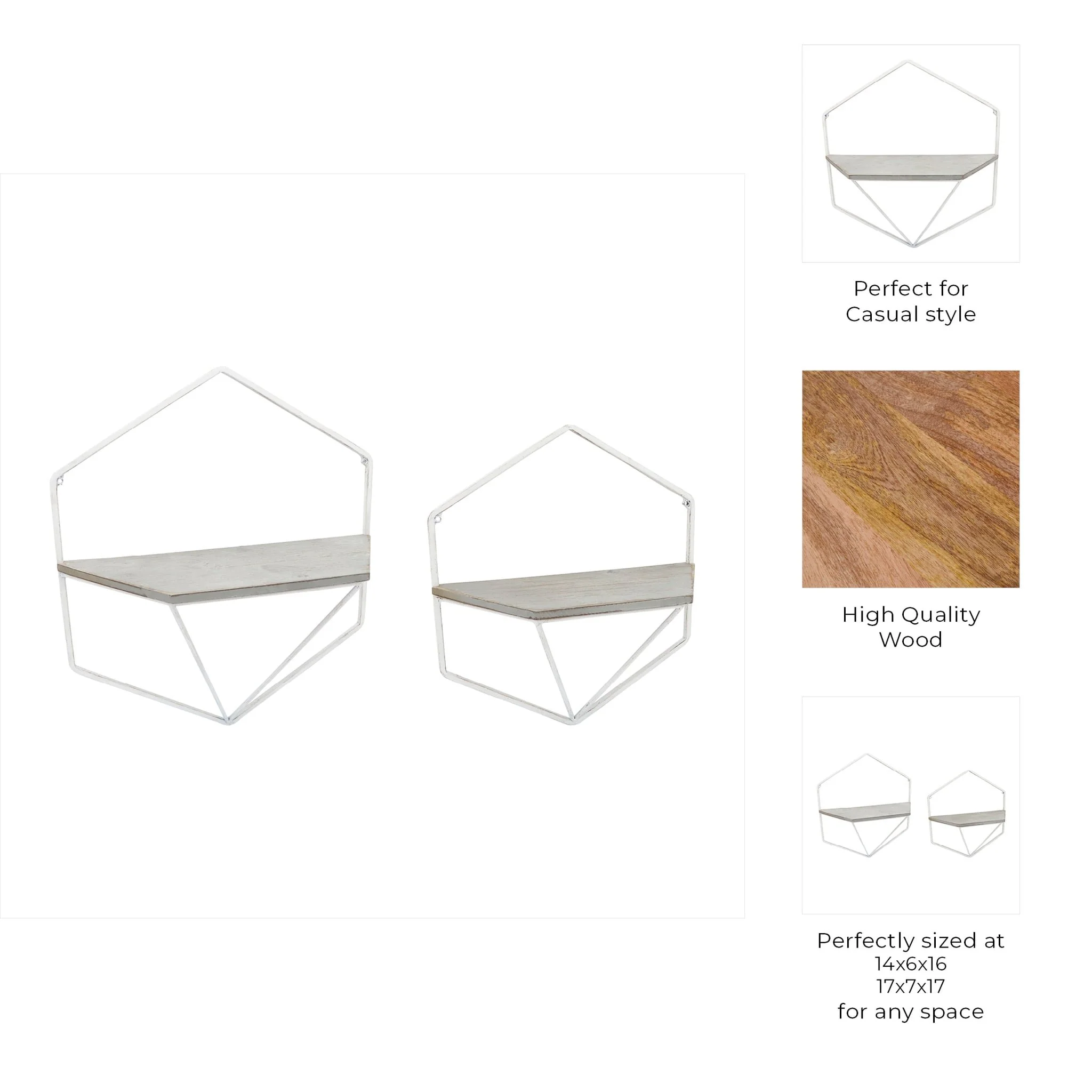 S/2 Metal / Wood Hexagon Wall Shelves, Wht/gray - Image 9