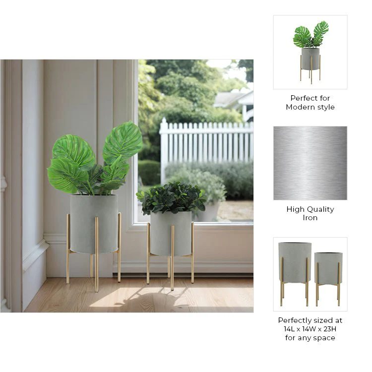 S/2 Planter On Metal Stand, Putty/gld - Image 8
