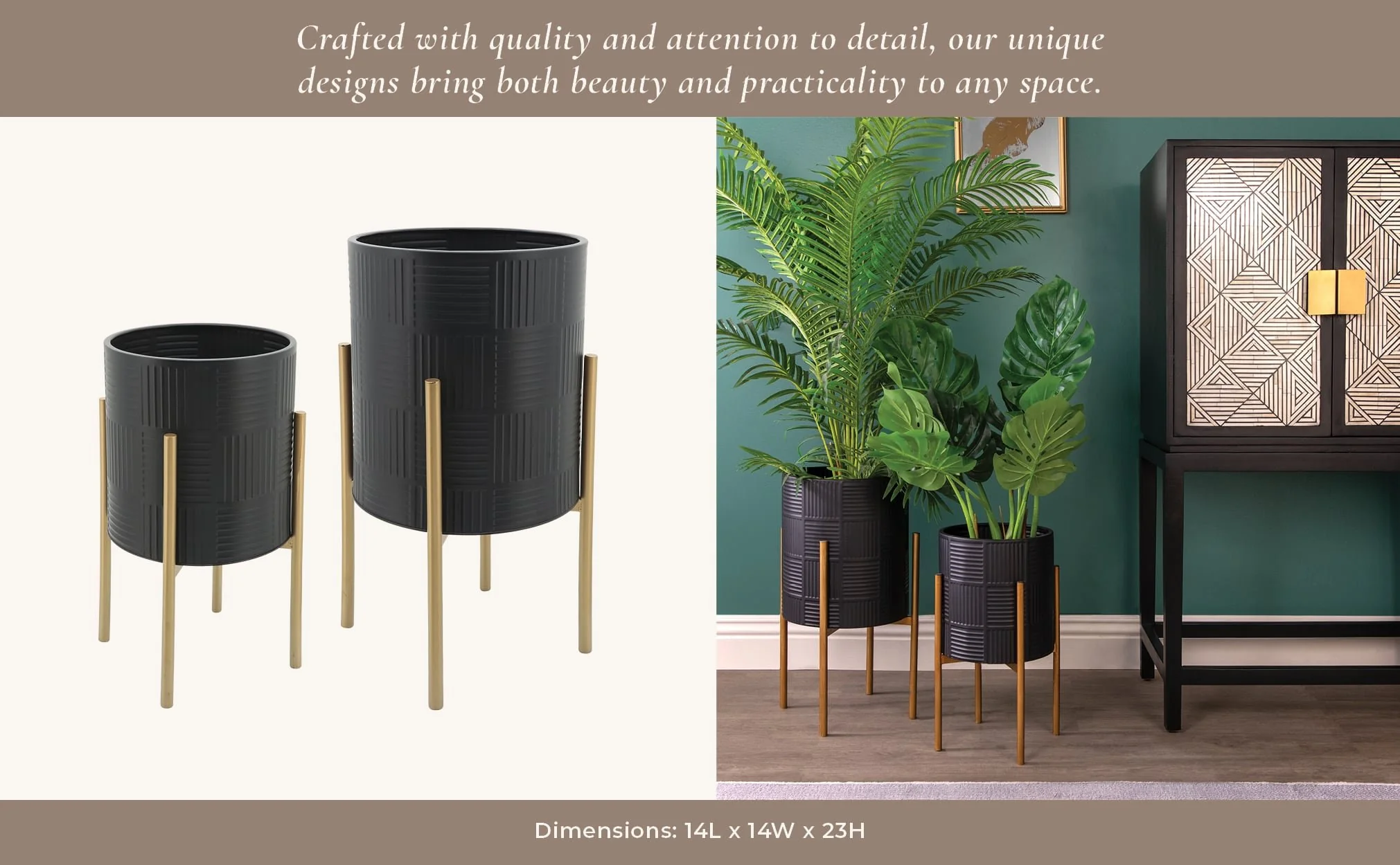 S/2 Planter W/ Lines On Metal Stand, Black/gold - Image 10