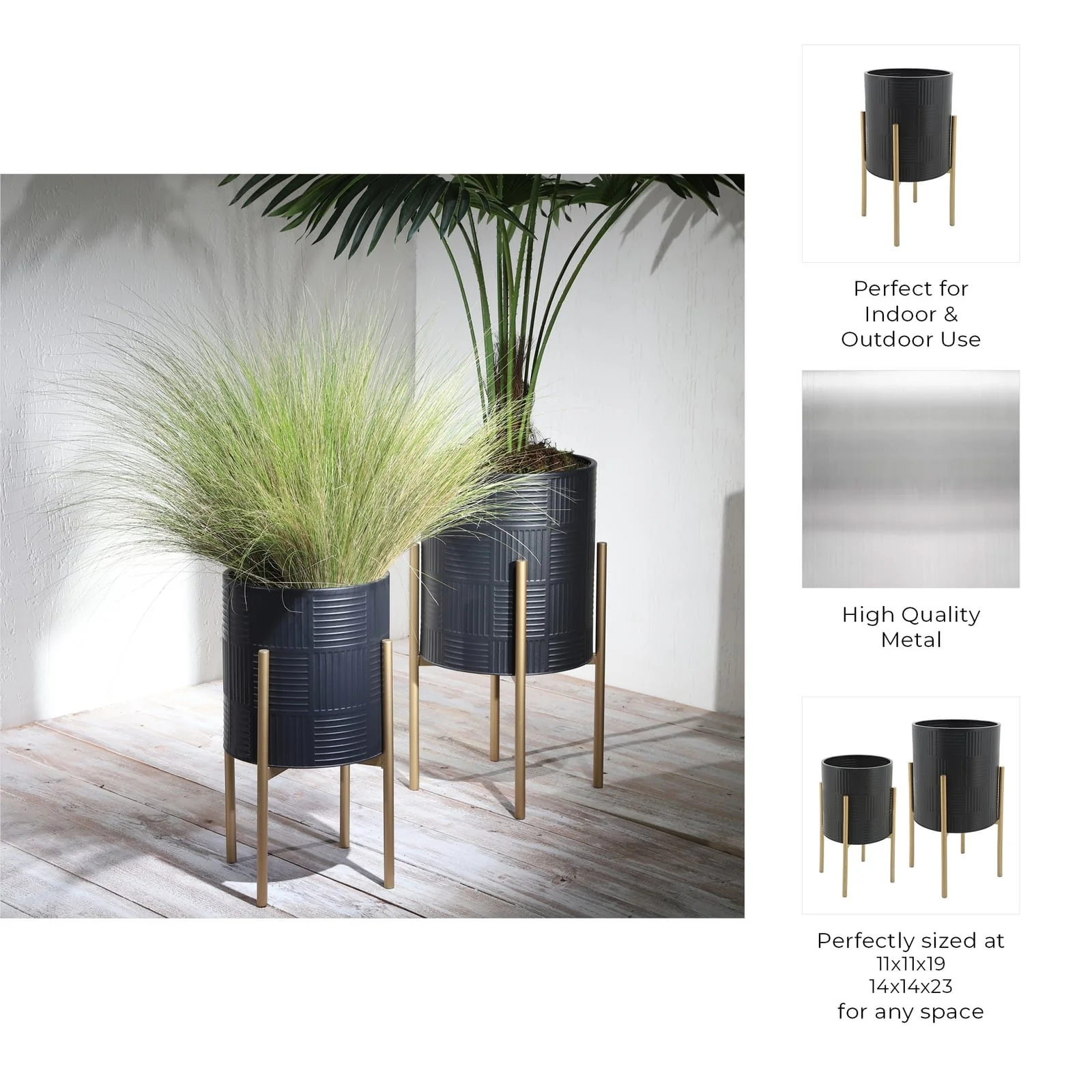 S/2 Planter W/ Lines On Metal Stand, Black/gold - Image 7