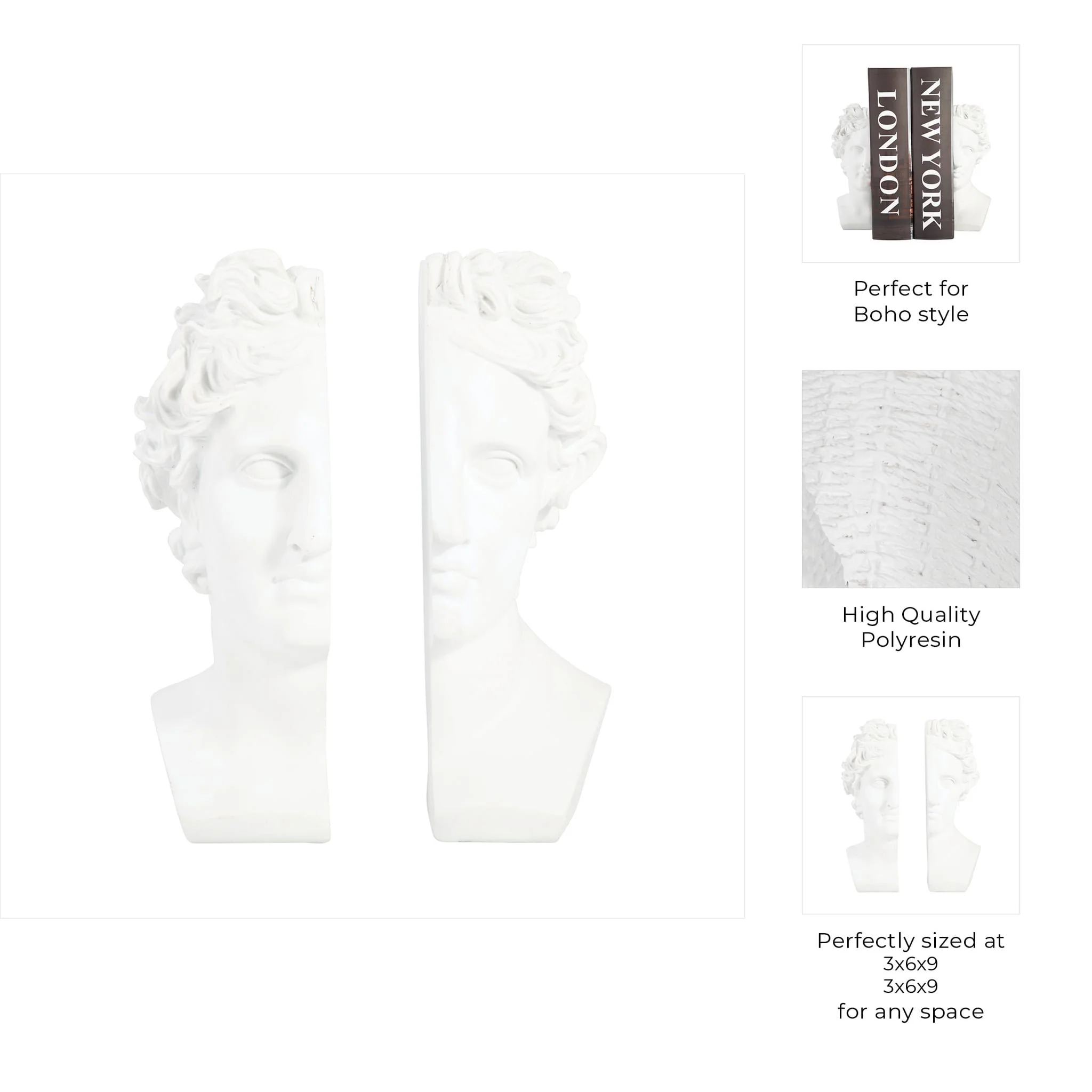 S/2 Resin, 9" Greek Goddess Bookends, White - Image 9