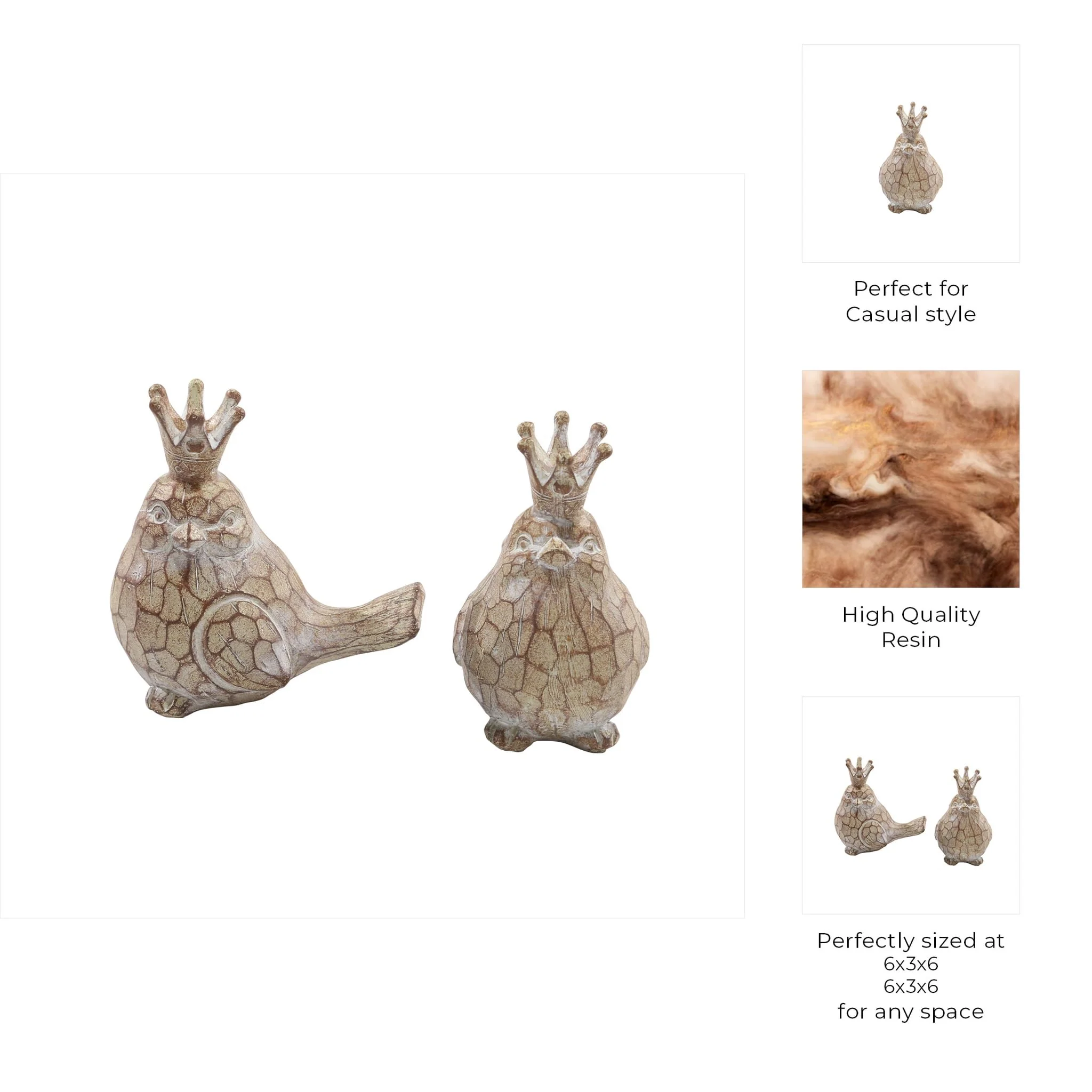 S/2 Resin Birds W/crowns, Brown - Image 8
